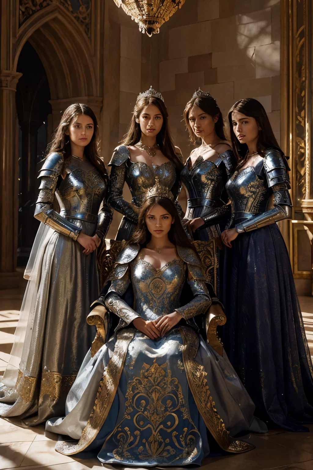 a knight in armor surrounded by four beautiful princesses, detailed intricate armor, highly detailed faces and expressions, flowing dresses, detailed ornate castle interior, dramatic lighting, cinematic composition, fantasy, oil painting, 8k, hyper detailed, photorealistic, delicate colors, dramatic shadows, dramatic lighting