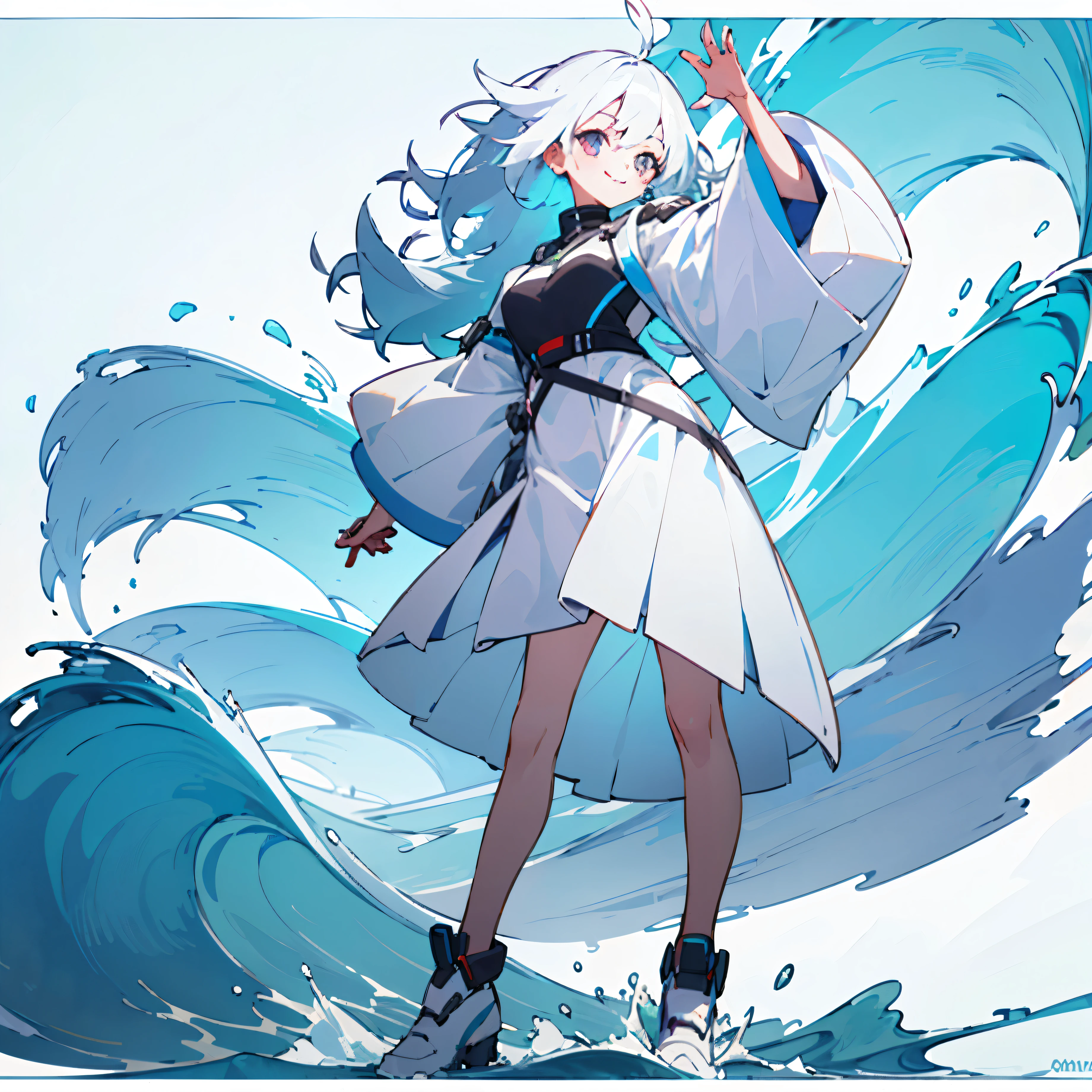 ((best quality)), ((masterpiece)), (detailed), girl,cute,White hair,Colored eyes,Wave,Smile,Pure white background,Full body portrait,Transparent Background,Modern clothing,The whole body is inside the picture,White border,Head-up