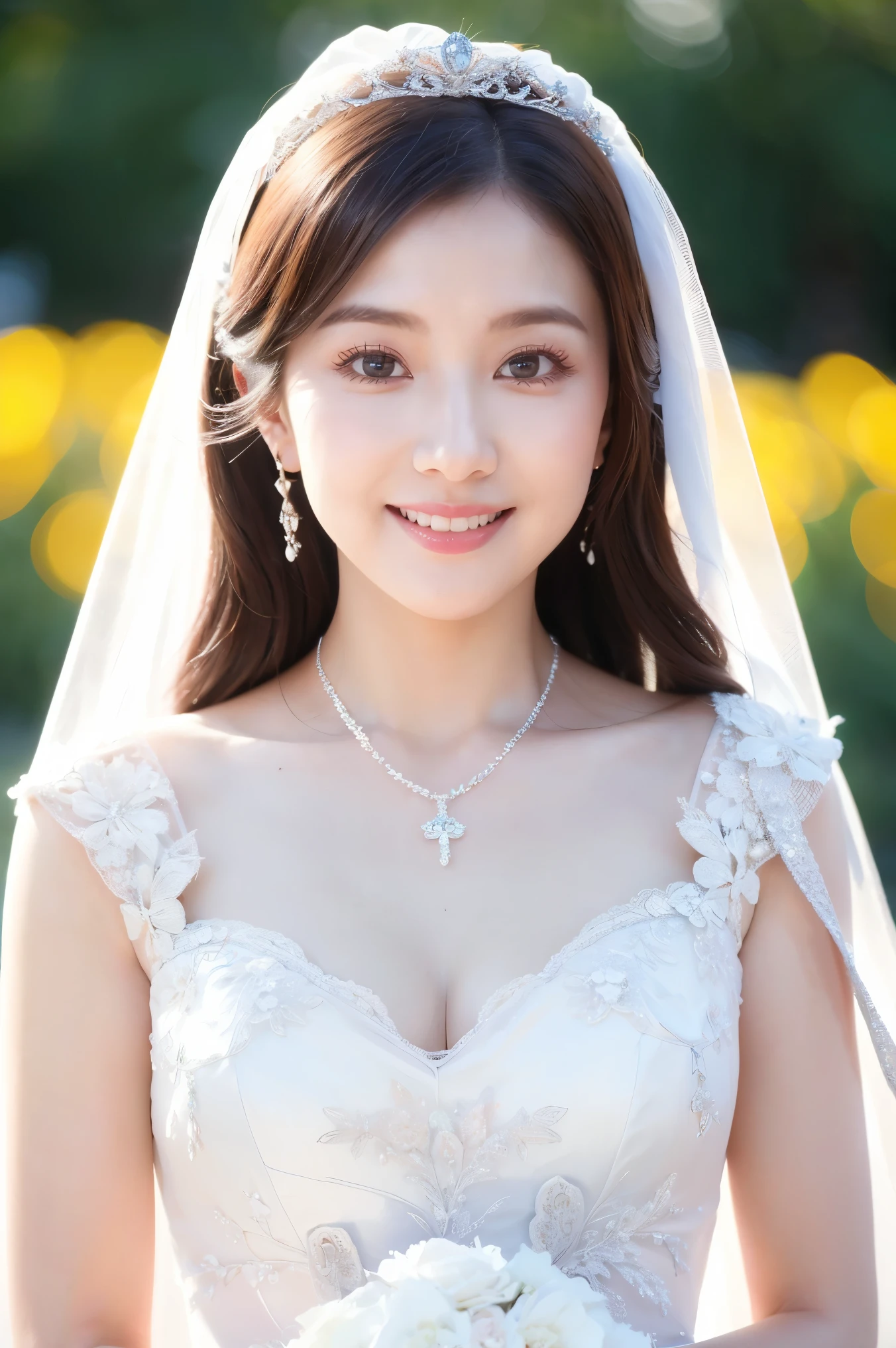 (highest quality、Tabletop、8k、Best image quality、Award-winning works)、One beautiful bride、(alone:1.1)、(The most extravagant and gorgeous huge pure white wedding dress:1.1)、(Perfect Wedding Lace:1.2)、(The most extravagant and luxurious giant tiara:1.1)、(The most extravagant and luxurious giant necklace:1.1)、Cleavage、open chest wedding dress、The chest is wide open、The most beautiful smile is looking at me、A wide selection of the finest jewellery、(Bridal upper body photo:1.1)、Perfect Makeup、Long eyelashes、Ultra HD Shining Eyes、Ultra HD Hair、Ultra High Resolution Glossy Lips、Ultra High Resolution Perfect Teeth、Super high resolution beautiful face、(Accurate anatomy:1.1)、Very bright and beautiful skin、very bright and vivid、(Blurred gorgeous wedding venue background:1.1)