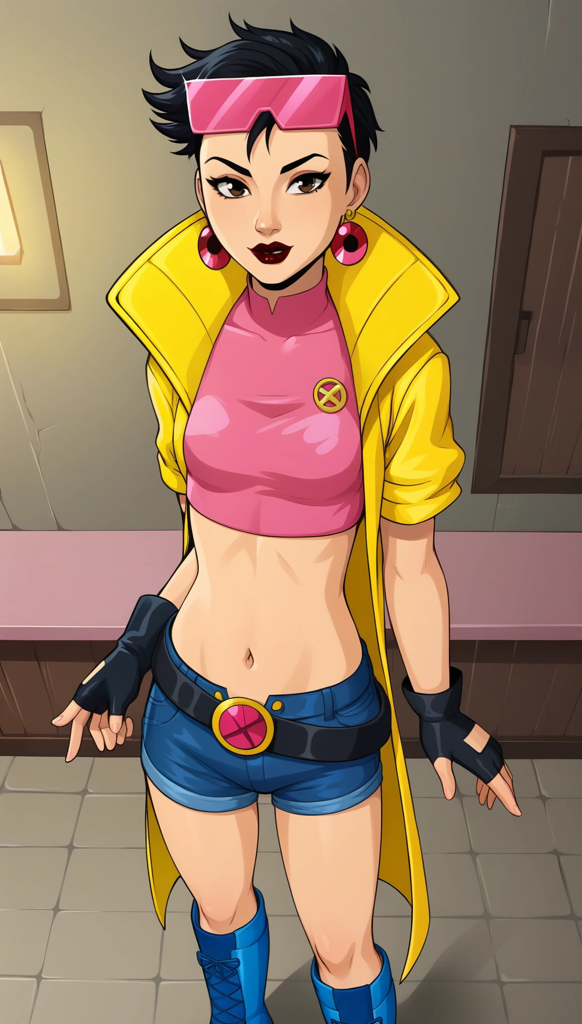 JubileeXMXL, lipstick, brown eyes, black hair, short hair, eyewear on head, earrings, small breasts, yellow jacket, pink crop top, symbol print, navel, black gloves, single fingerless gloves, short shorts, denim shorts, belt, blue boots,  solo, standing, looking at viewer, indoors