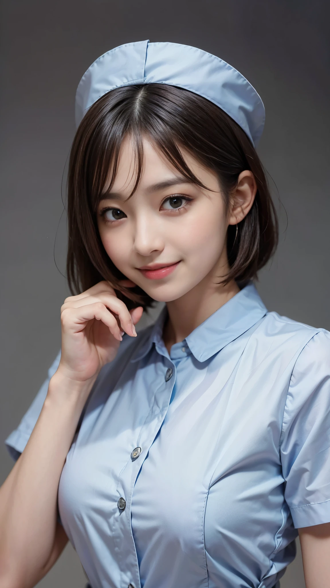 ((highest quality、Masterpiece、High resolution))、(((Zoom photo of upper body)))、(A shy smile:1.2)、One 15-year-old female、Beautiful Skin、Beautiful Eyes、Large Breasts、Nurse uniform、Black Hair、Trimmed bangs、Short Bob
