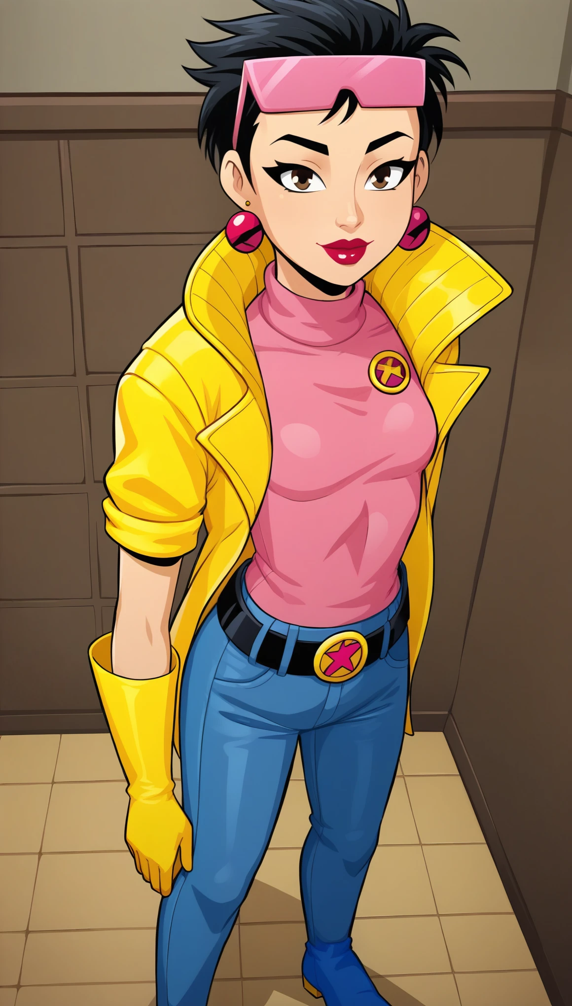 JubileeXMXL, lipstick, brown eyes, black hair, short hair, eyewear on head, earrings, small breasts, yellow jacket, turtleneck, pink shirt, symbol print, yellow gloves, long gloves, denim pants, black belt, blue boots, solo, standing, looking at viewer, indoors