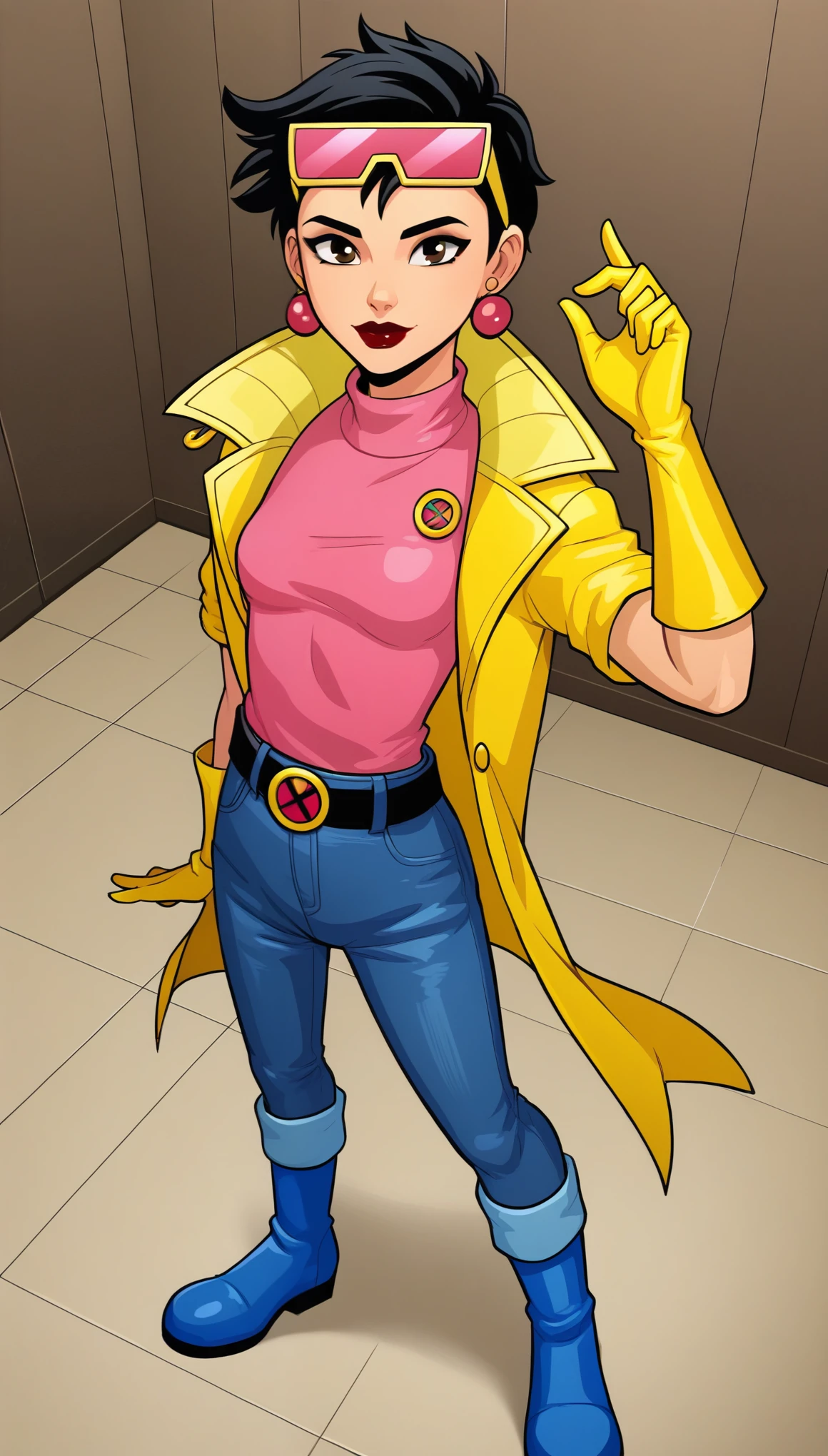 JubileeXMXL, lipstick, brown eyes, black hair, short hair, eyewear on head, earrings, small breasts, yellow jacket, turtleneck, pink shirt, symbol print, yellow gloves, long gloves, denim pants, black belt, blue boots, solo, standing, looking at viewer, indoors