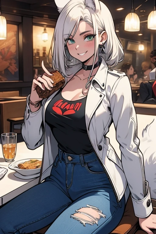 A white haired woman with green eyes and white wolf ears and a white wolf tail in a leather jacket and jeans is eating at restaurant with a big smile