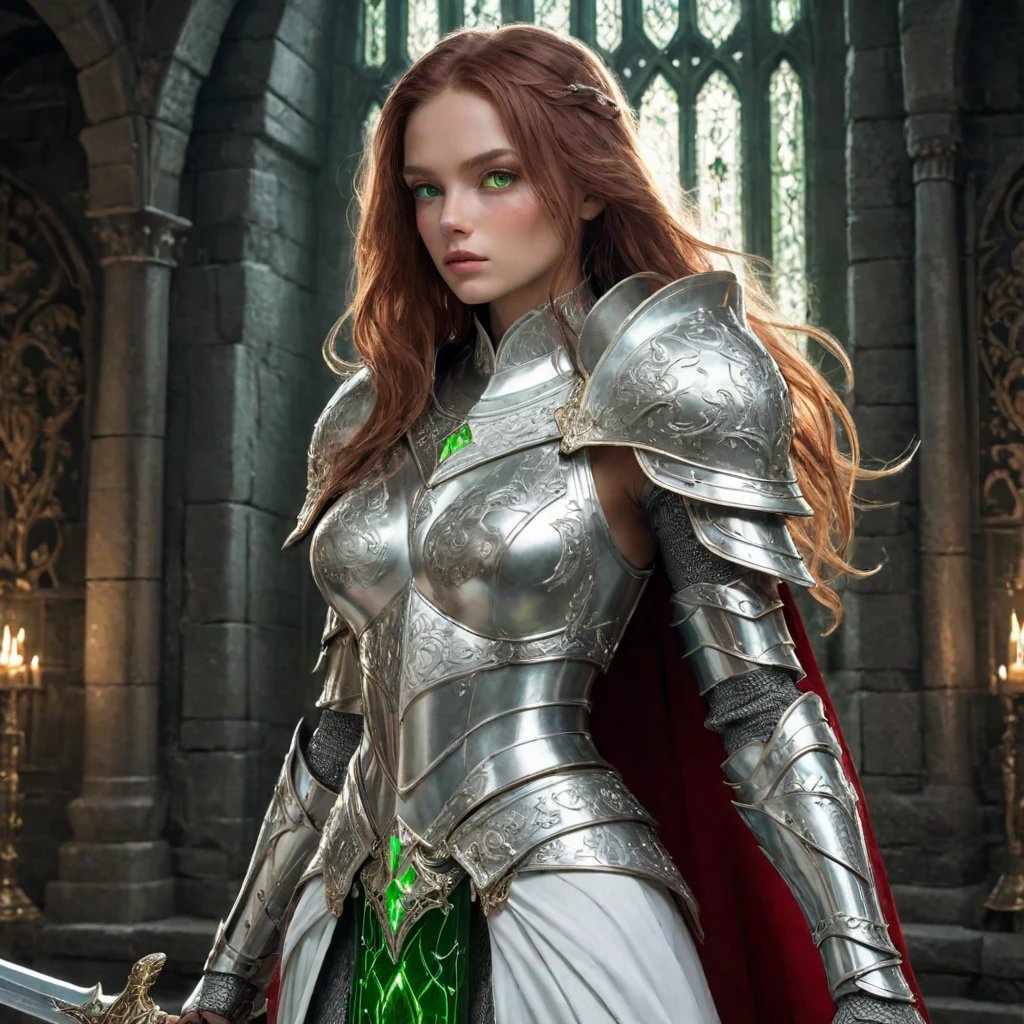 amazing quality,masterpiece,best quality,hyper detailed,ultra detailed,UHD,perfect anatomy,perfect body,(in castle:1.2),beautiful female knight in white cape armor and detailed green glowing eyes holding oversized red crystal greatsword with thick edge,dazzling,transparent,polishing,various hair style,very long hair,extremely detailed,thin,various positions,