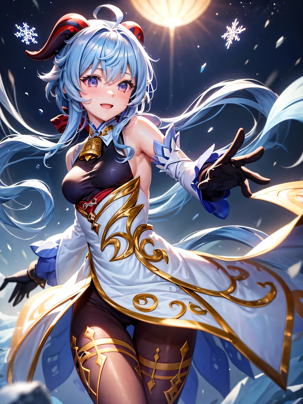 [ganyudef]:1.5,((masterpiece,highest quality,Detailed images,Beautiful images))1.4(1girl,solo)(Artwork by ganyu、smile、church、morning、Snowflakes drifting all around、Snowstorm、Blue glowing energy、Bright lighting overall、Backlight、A fantastic atmosphere、Thick Fog)1.1(Beautiful body lines、small beauty breasts、Beautiful side breasts)Dynamic pose
