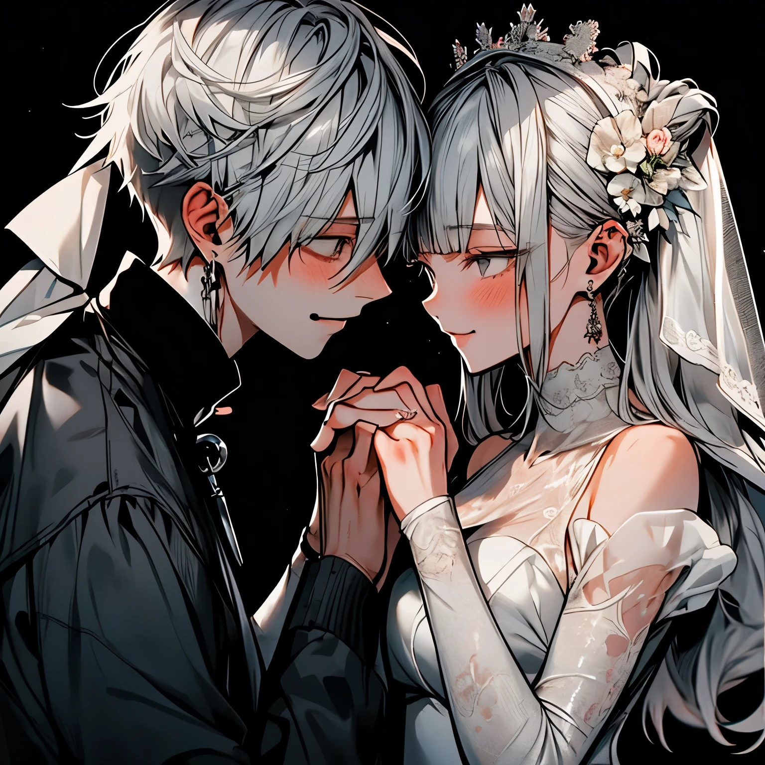 Gray haired couple、Couple kissing、The woman is a little teary-eyed、Dark Background、White Wedding Dress、high resolution、Gazing at each other、Put your hands down、Smile a little