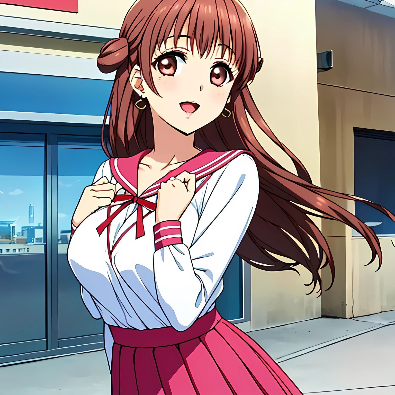 highest quality, (masterpiece:1.2), Very detailed, (((Game CG))), ((((A succubus in the form of a very noble and elegant young lady wearing a pink school sailor uniform.)))), ((The girl everyone loves)), (((Very beautiful, flaxen, wavy, long hair))), ((((((A neat and tidy sailor suit in peach and pink)))))), ((((A neat, deep pink long pleated skirt)))), ((Her eyes are so beautiful and sparkling, they seem so dazzling.)), ((A huge red ribbon on her chest)), ((A refined and elegant look like a noble princess)), (((Beautiful and great smile))), ((Give the viewer a heavenly feeling of happiness)), ((Very noble and elegant face)), ((Slender and shapely breasts)), ((laughing at me)), Heart-shaped gold hair ornament and earrings, ((The elegant, slightly open mouth and glossy lips of an anime heroine))