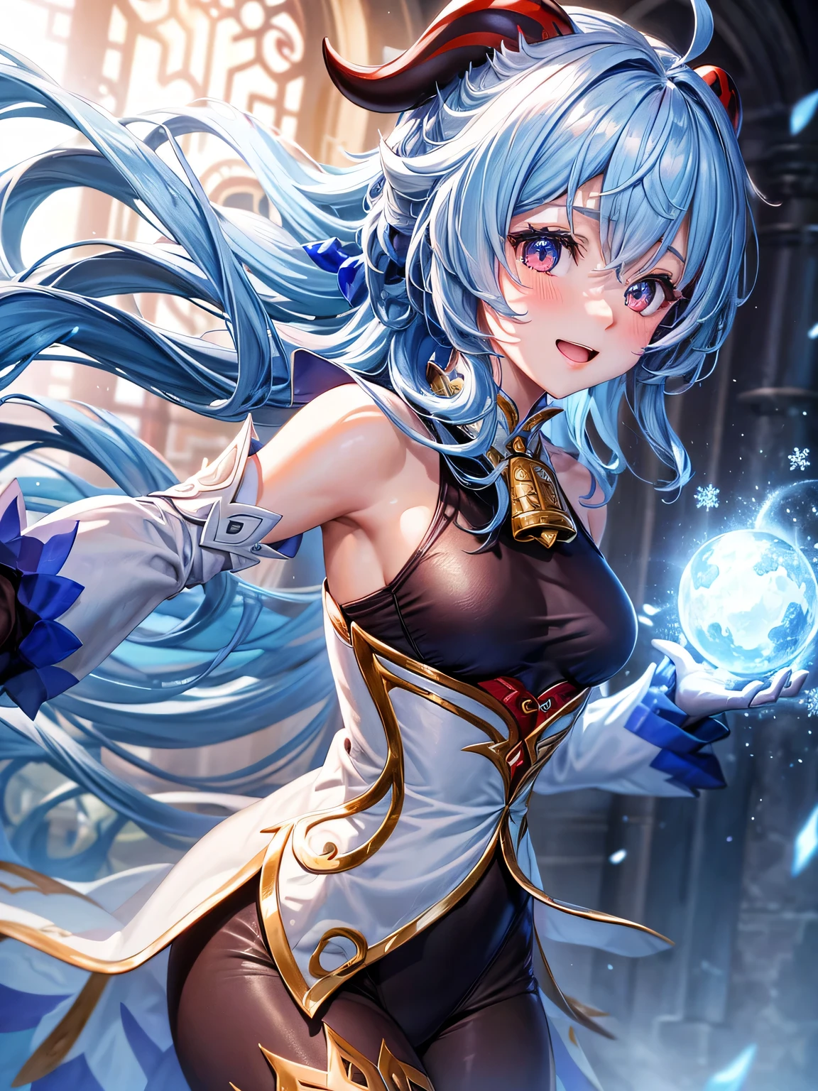 [ganyudef]:1.5,((masterpiece,highest quality,Detailed images,Beautiful images))1.4(1girl,solo)(Artwork by ganyu、smile、church、morning、Snowflakes drifting all around、Snowstorm、Blue glowing energy、Bright lighting overall、Backlight、A fantastic atmosphere、Thick Fog)1.1(Beautiful body lines、small beauty breasts、Beautiful side breasts)Dynamic pose
