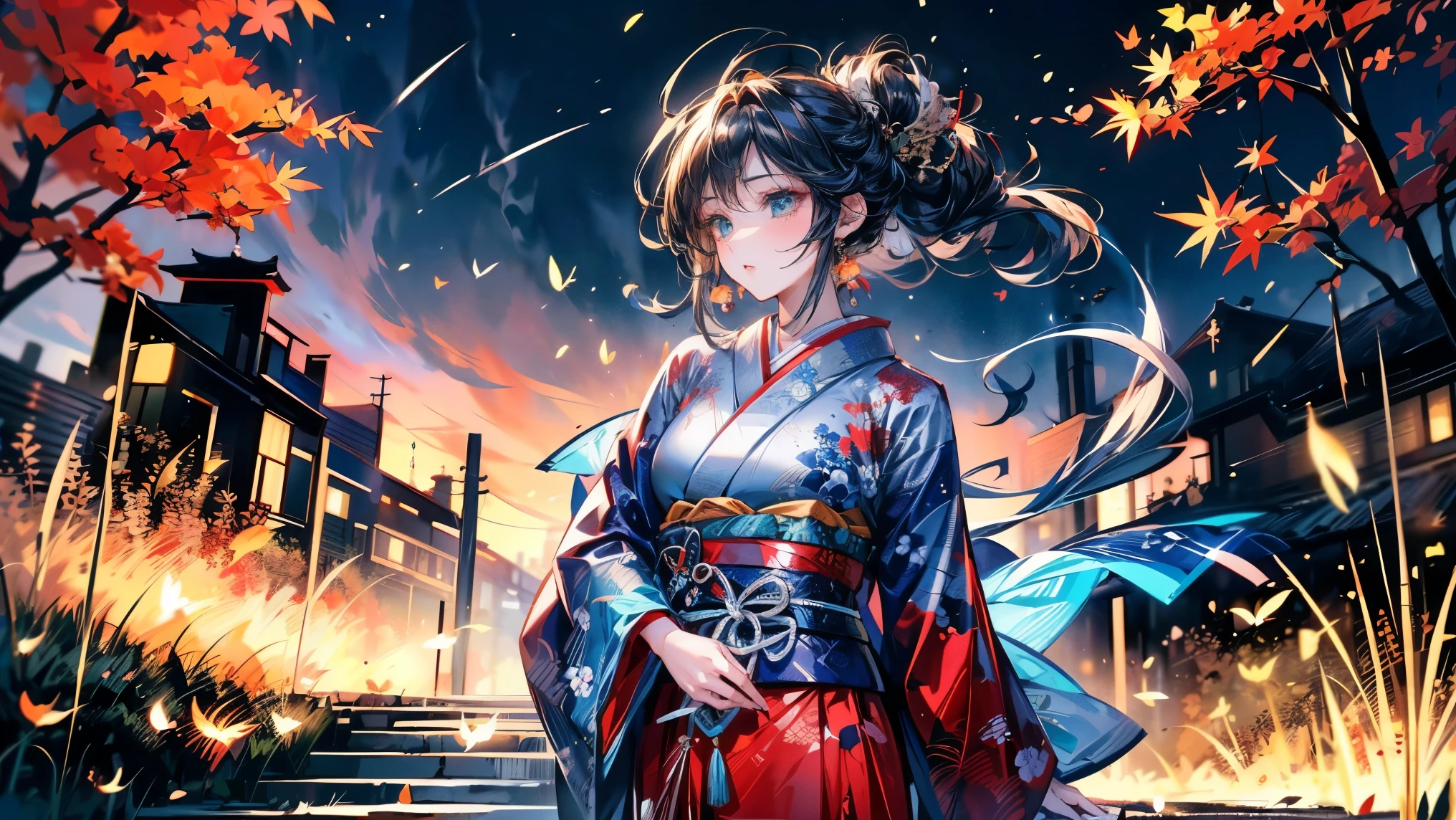 (Landscape Photography, With the woman in the bottom right of the photo:1.5, in autumn:1.5, Japanese silver grass:1.5), masterpiece, highest quality, (Highly Detailed CG Unity 8K Wallpaper), (highest quality), (Best illustrations), (Best Shadow), Glowing Spirit, Mountain stream, (Ancient Chinese architecture:0.6), Natural elements in a grassland theme. nightの神秘のフィールド, beautiful night grassland, Stone steps, stone bridge, night nature surrounded by night flowers, leaf and red branch surrounded by fireflies (Natural elements), (night blackout), (night dark sky), (night grassland theme), (Red glowing grass), (leaf), (branch), (Red Firefly), (Particle Effects), 3D, Dark Background, Octane Rendering, Ray Tracing, Super detailed, night, moon, (Ultra-high resolution:1.3, 8K Raw Photos, Photorealistic:1.2, Thin contours:1.37), Dark turquoise green medium short hair, (Updo, Wavy Hair), (Her navy blue outfit is decorated with delicate gold flowers.), Mature Woman, Beautiful mature girl, (Fine and beautiful eyes, avert your eyes), A woman wearing wine-red clothing and delicate gold jewelry, anime, Beautiful fantasy characters, Stylish illustration, Woman in the bottom right of the frame, Kantai Collection Style