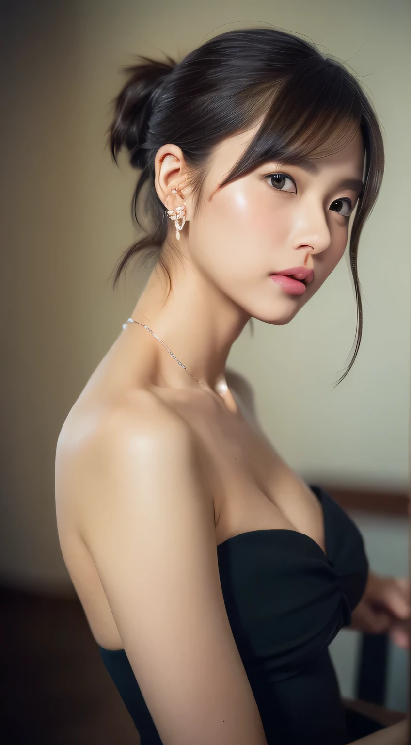 Random posture、 (RAW Photos、8k、Photorealistic:1.3)、(masterpiece、highest quality)、(From below)、35mm shot、Look at the viewers、High resolution、 ((With a girl、solo))、(Beautiful face in every detail、Beautiful and delicate brown eyes、Perfect skin in every detail)、 ((Huge boobs:1.6、Big Breasts、Side Bust Barbosa、Saggy breasts))、High ponytail distortion、Eyes visible through hair、(blush)、Wet your hair、 Sit on、Deep V Neck Dress、topless、(Crossing your legs)、hair ornaments、Lace trim、White V Neck Dress,
((I love you?, I want to kiss you?)),
((Get excited by my body?, Where are you touching? You're so naughty.!:1.2)),
((An empty black wall room, Sitting on a clear plastic chair, Caress the breasts, Caressing the crotch, Spread your legs a little, Black Wall, Complete darkness:1.2)),
((28 years old, Elegant beautiful female announcer:1.2)),
((Earrings that match your outfit, Silver Necklace:1.2)),
((Squint your eyes)),
((purse your lips:1.2)),
((Blushing:1.2)),
((Small breasts,Flat Chest,Softness of:1.2)),
Eye focus, Round shoulders, Soft belly, Slim waist, Beautiful feminine hands,
Ultra-detailed lips, Fuller lips, Glossy pink lips, Flushed Cheeks, White teeth,
Beautiful actress's languid make-up, Pink lipstick, Smoky eyeshadow, Eye foundation,
Dark Brown Hair, Delicate and soft hair, Hair blowing in the wind,
(Elegantly putting your hair up, short hair, ponytail:1.2),