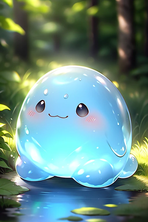 masterpiece, best quality, SFW, (safe for work), solo, wide shot, cute slime creature, gray slime creature,fresh digimon style,slime \(creature\), digital glitch forest background