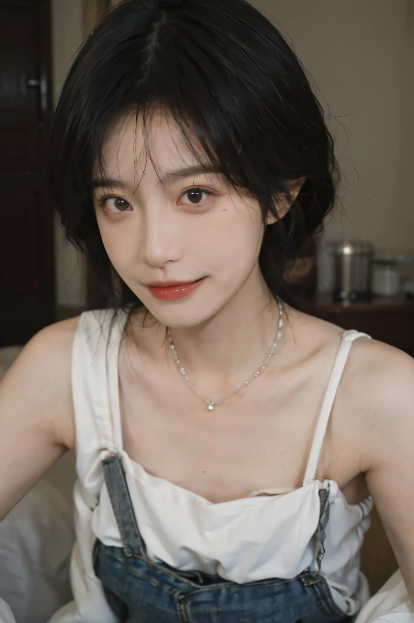 Film Portrait Photography, masterpiece，(Reality:1.6)，(Selfie Angle)，Beautiful and delicate face，1 girl, Bare shoulders,lipstick， Wear a necklace，Cute expression,Exquisite makeup，Suspenders，serene, calm, (Realistic and detailed eyes, Natural skin texture, Realistic facial details), Soft dramatic lighting, Depth of Field, Bokeh, Vivid details, Detailed and detailed, Hyper-Reality, 35 mm film, hazy, best quality,Upper Body，close up，Clothing details
