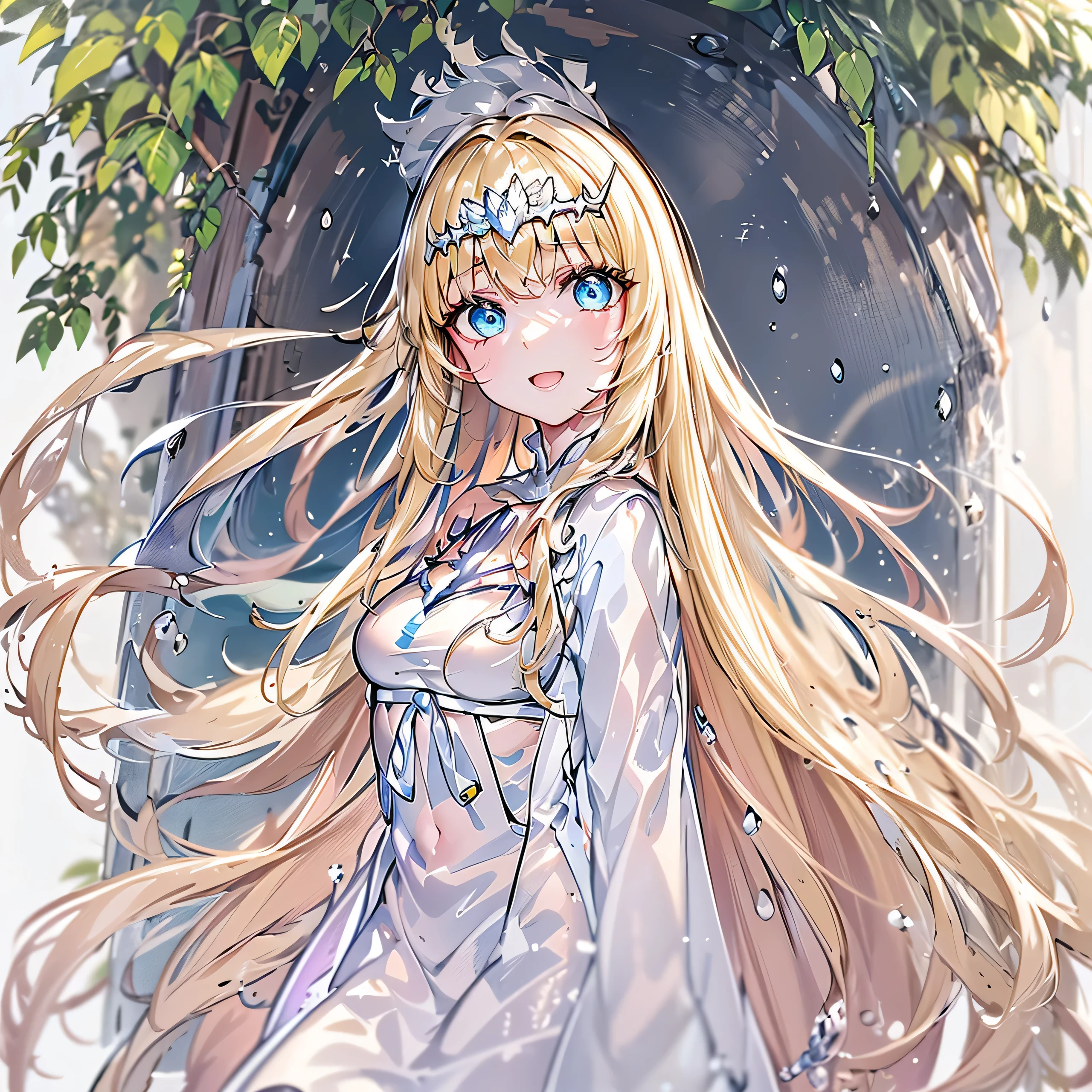 (((masterpiece)))、(((top-quality)))、((ultra-detailliert))、(illustratio)、((extremely delicate and beautiful))、、Bright smile、(Detailed light) (1girl in)、、solo、The long-haired、The wind is blowing、A WORLD、、jungles、Intense rainfall、solid color、Liana everywhere、Huge wet tree, 1girl, solo, (Calca:1.2), Calca Bessarez, blonde hair, (extremely long hair:1.3), very long hair, (white tiara:1.4), white dress, blue eyes, medium chest, long straight hair, close up