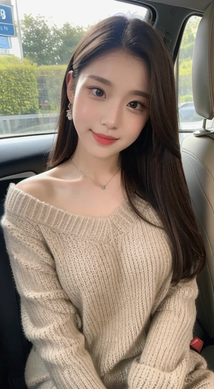 ((highest quality, 8k, masterpiece:1.3)), concentrated:1.2, Perfect body beauty:1.4, Hips:1.2, ((Delicate Hair)), (Sweater dress:1.1) , (sports car, street: 1.2), Highly detailed face and skin texture, Fine grain, double eyelid, Whitening skin, Big Breasts, smile, Put on a necklace, ring, A person sitting in a car with their butt up々,