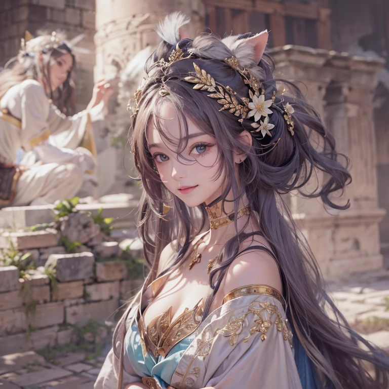 Hiding in the tomb、Hair flow、 ((highest quality、masterpiece、8k、Best image quality、Ultra-high resolution、Award-winning works)、(Accurate anatomy:1.1)、(Look at me and smile:1.1)、Shining fair skin with Ultra-high resolution、The most detailed face、Ultra-high resolution detailed face、Ultra-high resolutionの髪の毛、(Ultra-high resolutionの煌めく瞳:1.1)、Beautiful face drawn in every detail、Ancient Greek Clothing, Chest to chest, tattoo, Old ruins in the background、Ghosts around her