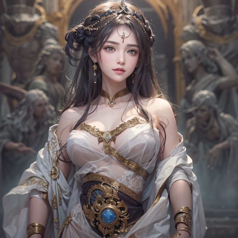 Hiding in the tomb、Hair flow、 ((highest quality、masterpiece、8k、Best image quality、Ultra-high resolution、Award-winning works)、(Accurate anatomy:1.1)、(Look at me and smile:1.1)、Shining fair skin with Ultra-high resolution、The most detailed face、Ultra-high resolution detailed face、Ultra-high resolutionの髪の毛、(Ultra-high resolutionの煌めく瞳:1.1)、Beautiful face drawn in every detail、Ancient Greek Clothing, Chest to chest, tattoo, Old ruins in the background、Ghosts around her