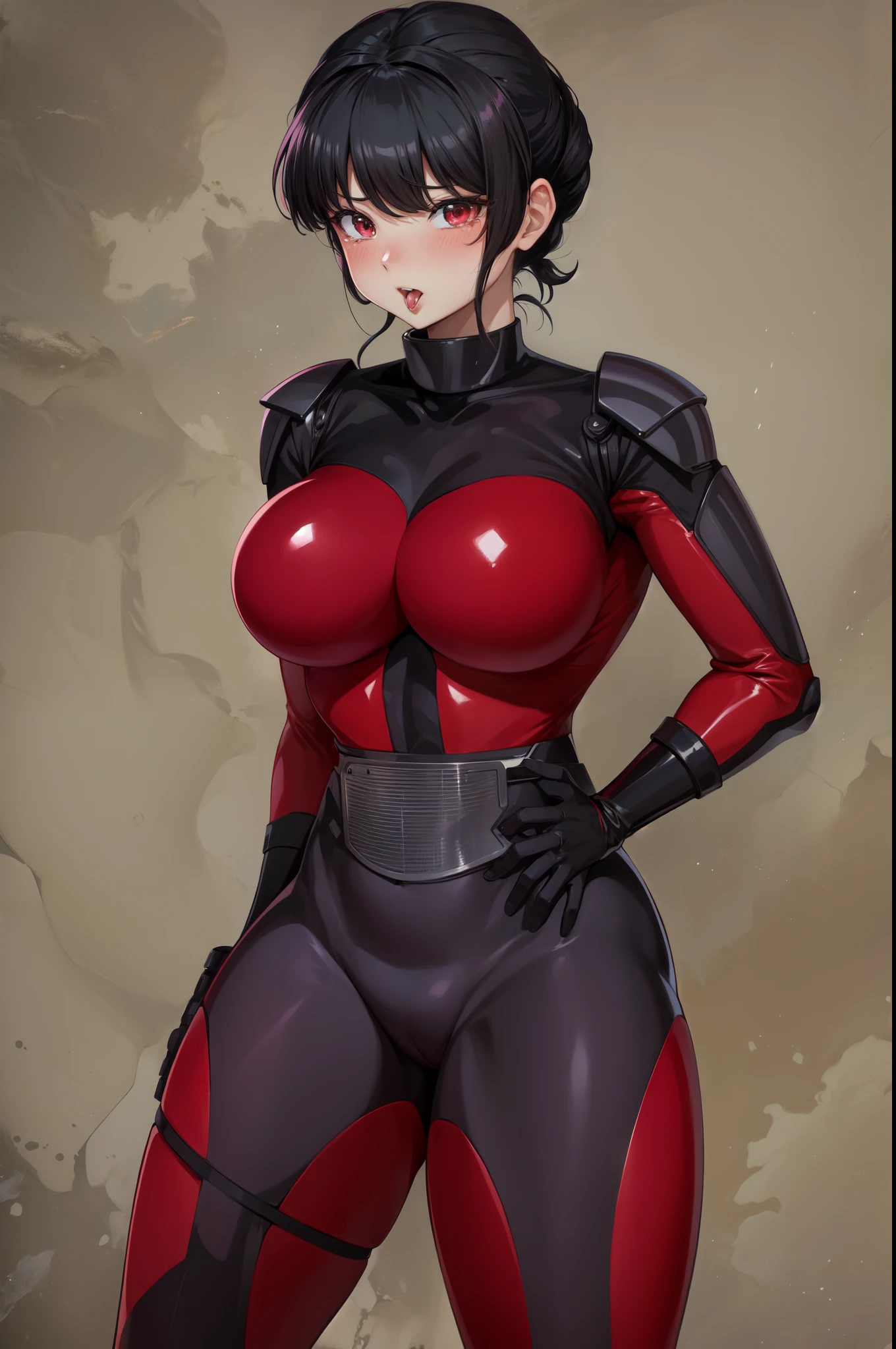 Japanese girl、Close-up of a girl in a red and black leotard、Black shiny latex suit, Saiyan Girl, wonderful, Nano Girl, Female body type, Inspired by Hiromu Arakawa, Anime Manga Robot!! Anime Girls, Fubuki, Full Body Suit, by Hiromu Arakawa, , wonderful, silk, Beautiful and attractive anime , Anime Girls of the future, tears,Drooling,Pee,Sweat,Tongue out,incontinence,Peeing,Mouth open and tongue out,Estrus,Eyes wide open,Estrus,Blushing,Nipples are erect,Face is hot,Lust、Mouth wide open and tongue sticking out、incontinenceして股間が濡れています