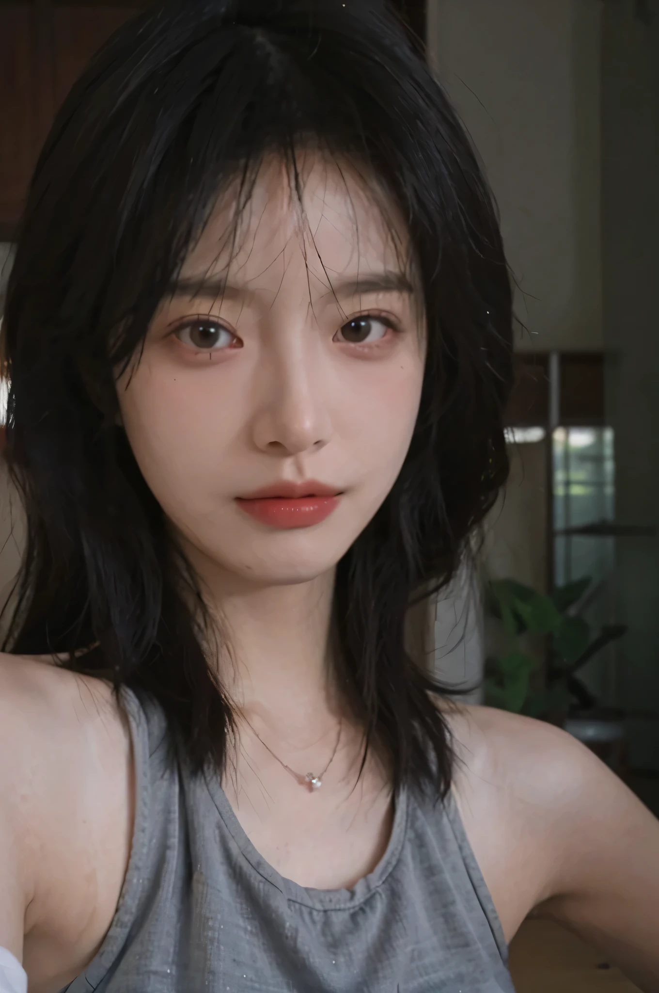 Film Portrait Photography, masterpiece,(Reality:1.6),(Selfie Angle),Beautiful and delicate face,1 girl, Bare shoulders,lipstick, Wear a necklace,Cute expression,Exquisite makeup,Suspenders,serene, calm, (Realistic and detailed eyes, Natural skin texture, Realistic facial details), Soft dramatic lighting, Depth of Field, Bokeh, Vivid details, Detailed and detailed, Hyper-Reality, 35 mm film, hazy, best quality,Upper Body,close up,Clothing details