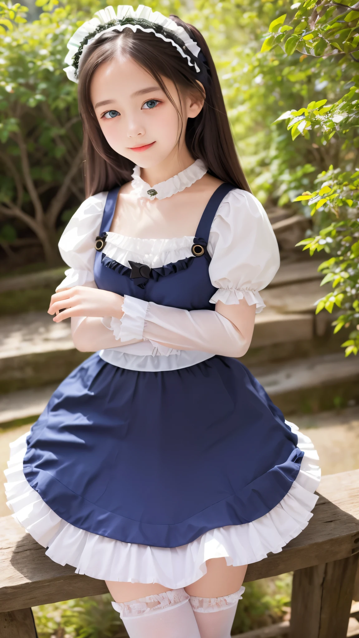 ((Real Photo Quality))、((masterpiece)), ((highest quality、Ultra high definition)), (Very detailed),8K、Photo quality、(((Amazingly cute girl))), 16-year-old girl, (Beautiful emerald blue eyes), (smile),Glossy lips、In the open-air bath overlooking the sea, Beautifully arranged black hair in twin tails、Lace fabric ribbon、whole body、((Super high-end white see-through summer gothic lolita maid costume、A super mini skirt with lots of frills))、Professional Lighting、(White lace knee-highore detailed and beautiful)、(More details and cutenesore realistic)、((Ultimate cuteness))、