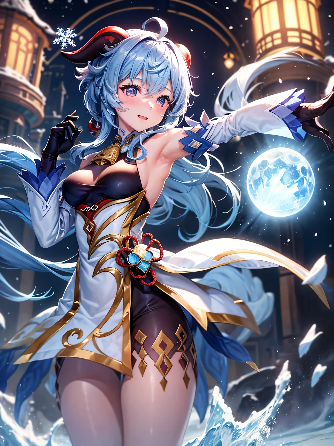 [ganyudef]:1.5,((masterpiece,highest quality,Detailed images,Beautiful images))1.4(1girl,solo)(Artwork by ganyu、smile、church、morning、Snowflakes drifting all around、Snowstorm、Blue glowing energy、Bright lighting overall、Backlight、A fantastic atmosphere、Thick Fog)1.1(Beautiful body lines、small beauty breasts、Beautiful side breasts)Dynamic pose
