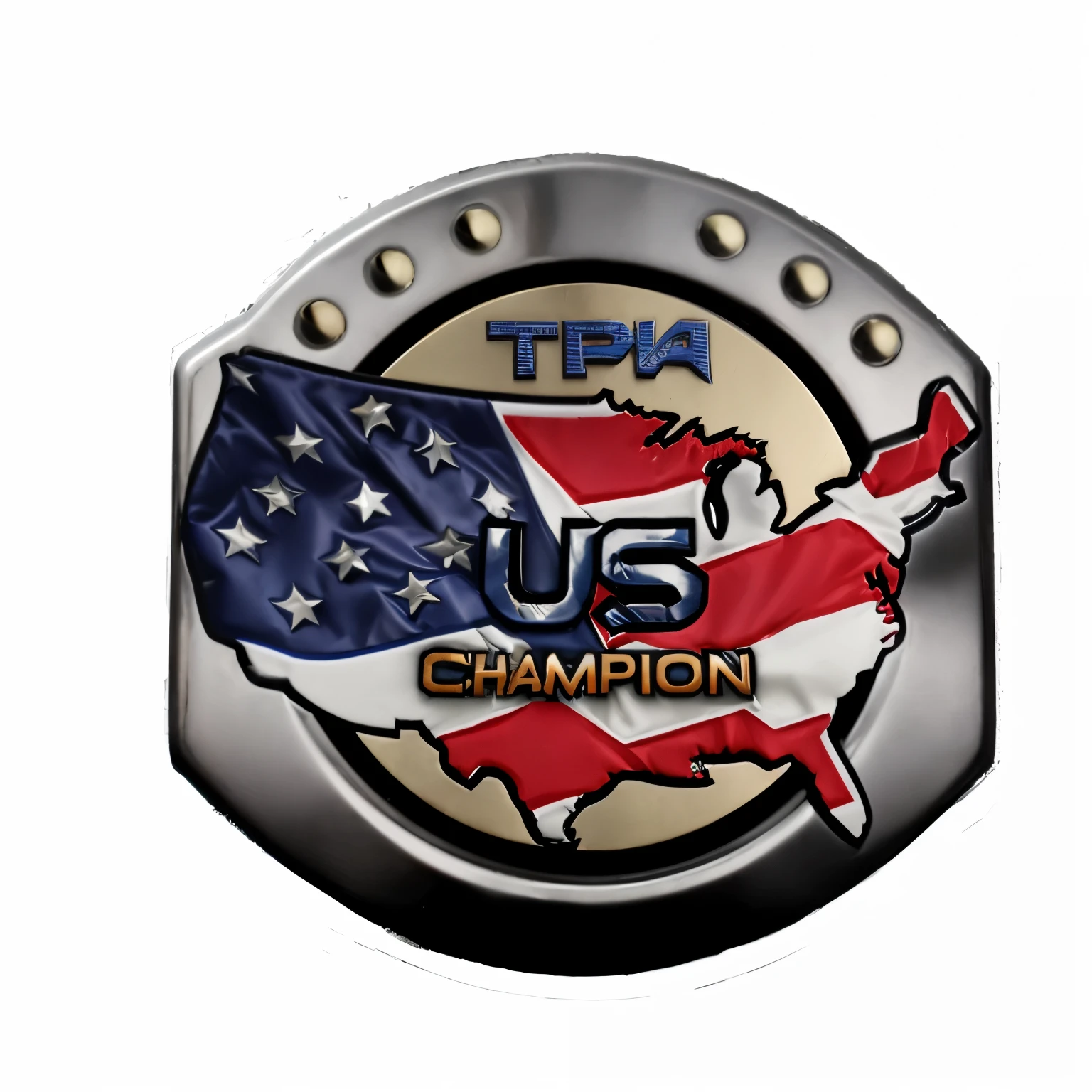 a close up of a metal wrestling championship with logo "TPW" in blue letters "us champion" with a map and a flag, world championship fight, full length view, us, quarter view, patch design, in game graphic, official, profile shot, 2 k, 2k, tx, added detail, tournament, tech wear!!!, top view, professional unique master piece, high quality product image”, official art
