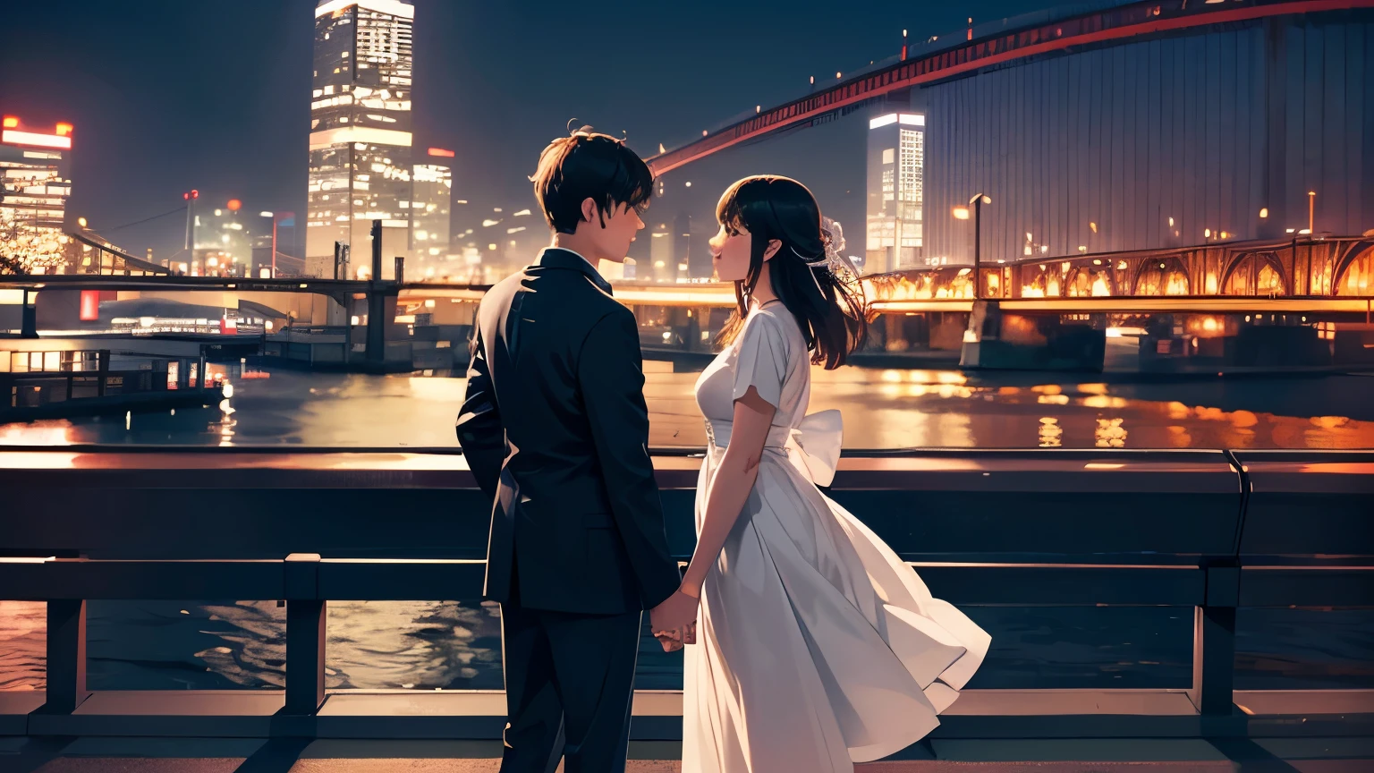 Teenage couple standing holding hands, Looking at each other sideways, Beautiful Japanese cityscape background, Night view