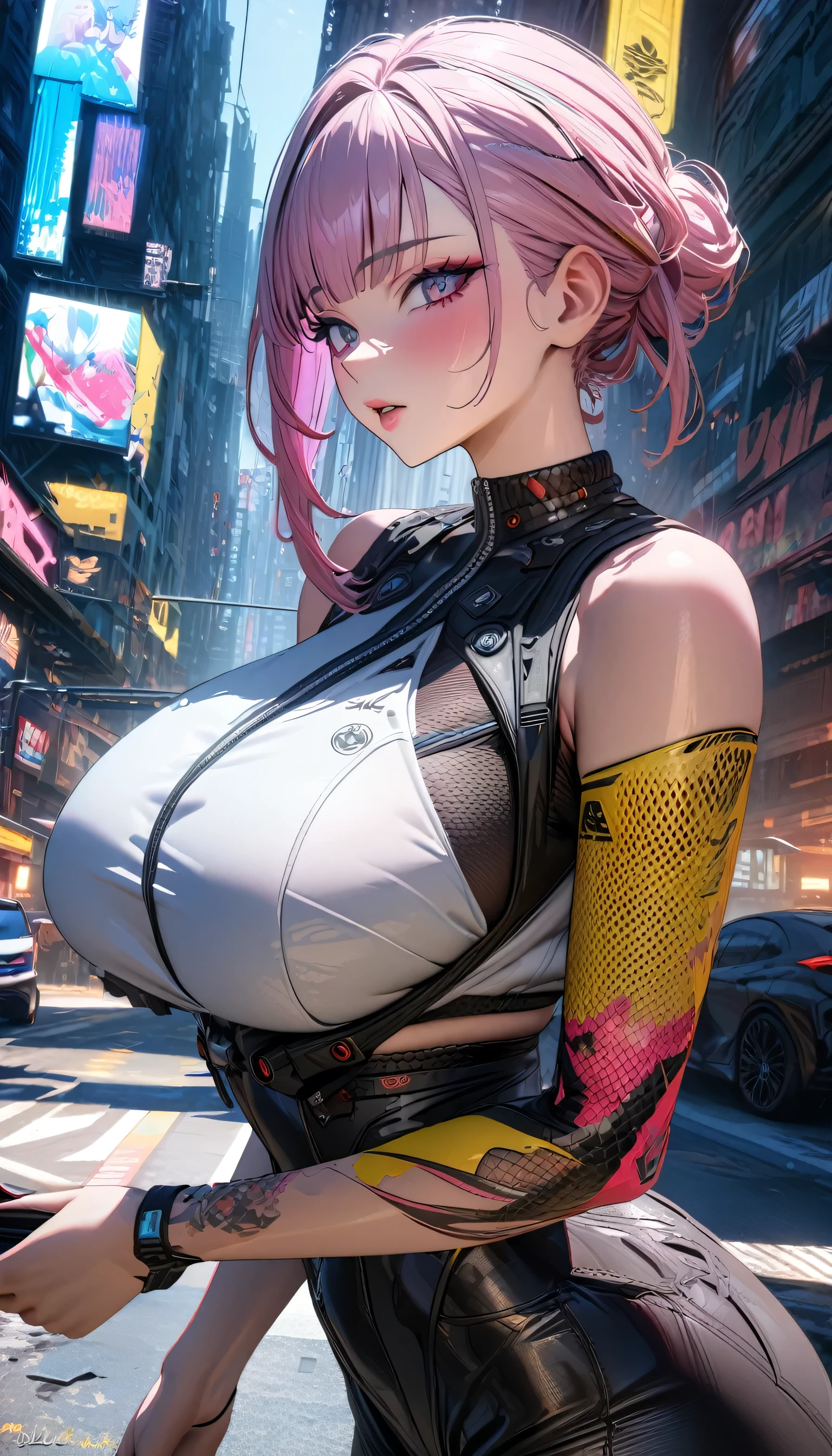 ((masterpiece, best quality)), very aesthetic, ultra detailed, intricate details, highly detailed, UHD, HDR, 8K, perfect face, 1girl, lips, lucy, cyberpunk 2077, in city, big breasts, perfect body, (newest anime art style)