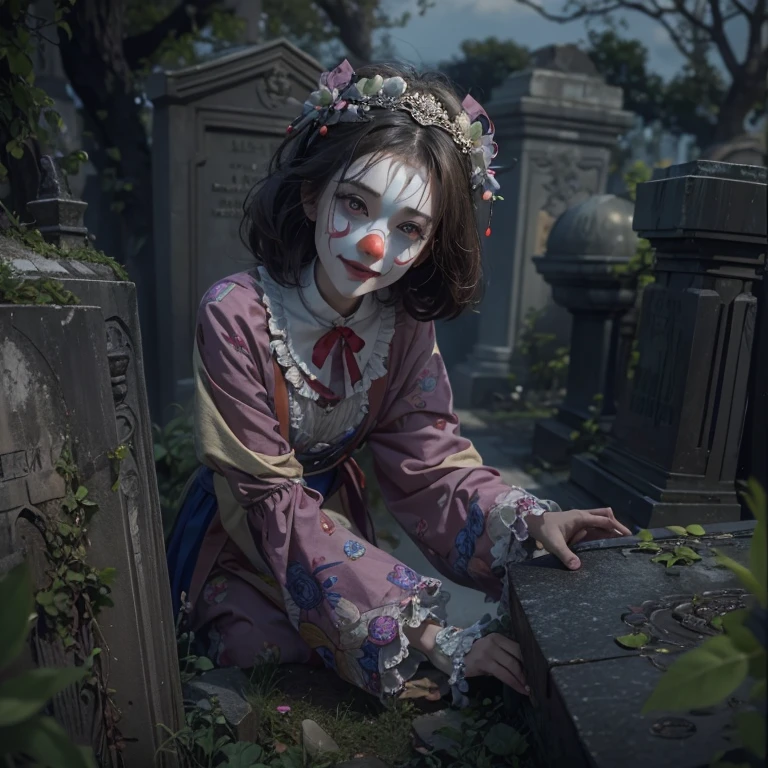 Standing in the grave、Hair flow、 ((highest quality、masterpiece、8k、Best image quality、Ultra-high resolution、Award-winning works)、(Accurate anatomy:1.1)、(Look at me and smile:1.1)、Shining fair skin with Ultra-high resolution、The most detailed face、Ultra-high resolution detailed face、Ultra-high resolutionの髪の毛、(Ultra-high resolution eye:1.1)、Beautiful face drawn in every detail、Cheerful clown costume, Chest to chest, Strange atmosphere, Ghosts flow, Dark Light, At the Cemetery, Heavy makeup