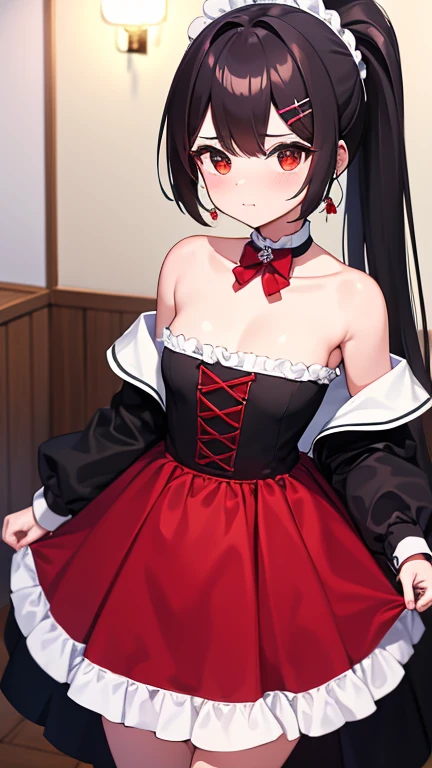 adulto, Cabello negro ondulado, mirada penetrante con ojos profundos de color rojo, estatura promedio, Silky hair with a ponytail hairstyle collected with a red bow with two white lines, tiene pechos grandes, primer plano, session, standing in the middle of his room [[[[Maid]]] , Sonrojada, muslos grandes, maid