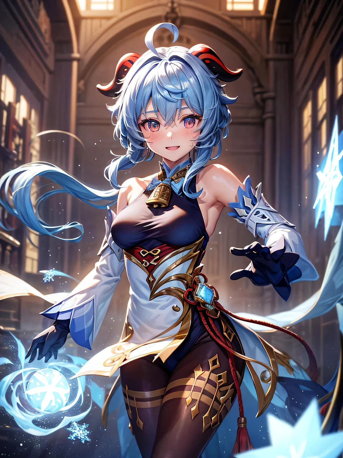 [ganyudef]:1.5,((masterpiece,highest quality,Detailed images,Beautiful images))1.4(1girl,solo)(Artwork by ganyu、smile、church、morning、Snowflakes drifting all around、Snowstorm、Blue glowing energy、Bright lighting overall、Backlight、A fantastic atmosphere、Thick Fog)1.1(Beautiful body lines、small beauty breasts、Beautiful side breasts)Dynamic pose
