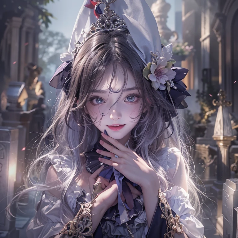Standing in the grave、Hair flow、 ((highest quality、masterpiece、8k、Best image quality、Ultra-high resolution、Award-winning works)、(Accurate anatomy:1.1)、(Look at me and smile:1.1)、Shining fair skin with Ultra-high resolution、The most detailed face、Ultra-high resolution detailed face、Ultra-high resolutionの髪の毛、(Ultra-high resolution eye:1.1)、Beautiful face drawn in every detail、Cheerful clown costume, Chest to chest, Strange atmosphere, Ghosts flow, Dark Light, At the Cemetery, Heavy makeup