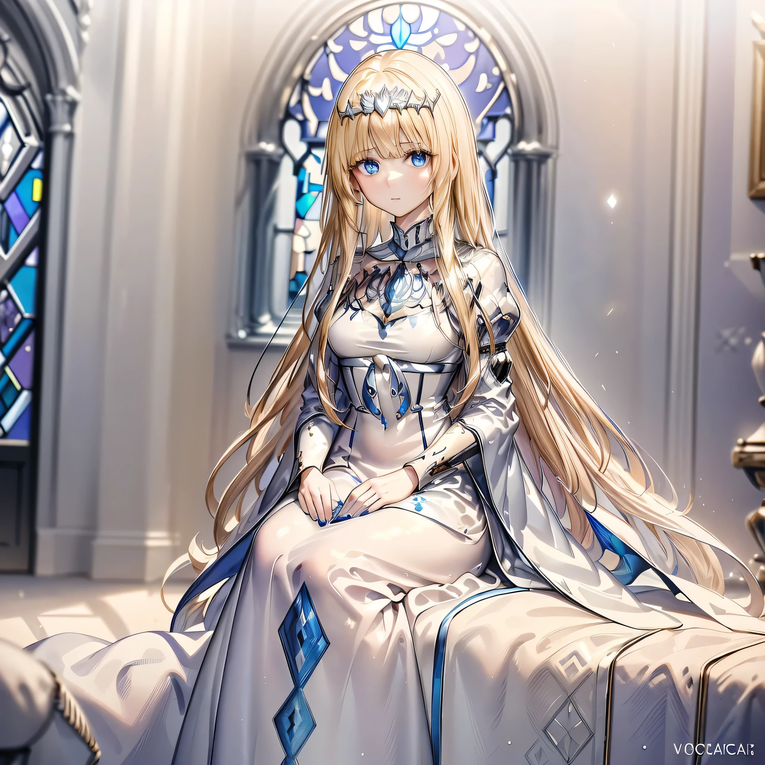 High definition RAW color art, Animation, sculptures, silver marble skin, (((Ultra detailed elegant))), Magical atmosphere, (Detailed skin, Texture (Intricately detailed, Fine detail, ultra-detailliert), depth of fields, Bokeh, silky touch, beautiful eyes,  glass world, Hyper Detail, Matte Drawing, Pastel purple,  1girl, solo, Calca, Calca Bessarez, blonde hair, extremely long hair, very long hair, white tiara, silver tiara, white dress, blue eyes, medium chest, long straight hair,, full body, sitting on the throne, indoor, cathedral, stained glass 
