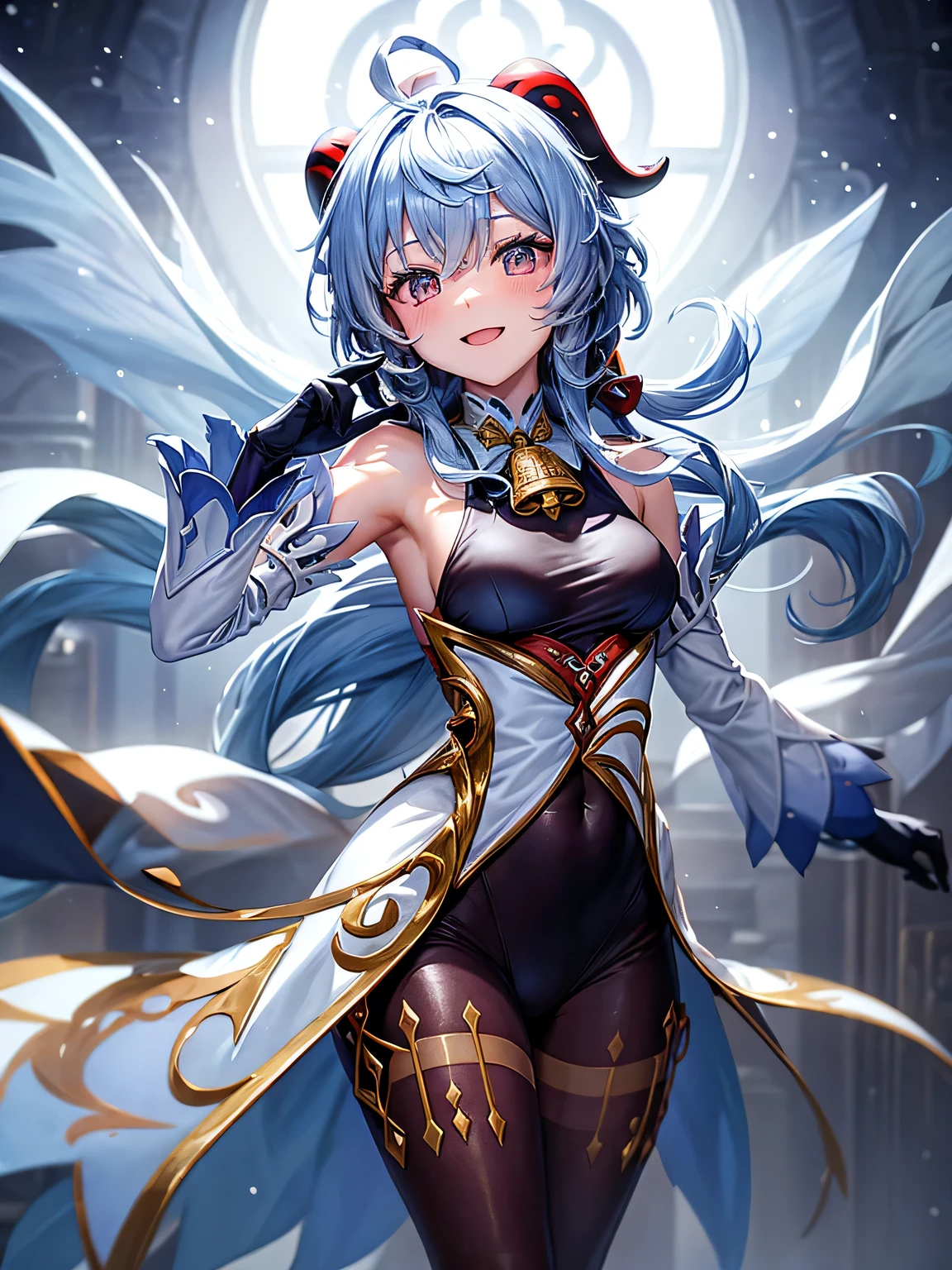 [ganyudef]:1.5,((masterpiece,highest quality,Detailed images,Beautiful images))1.4(1girl,solo)(Artwork by ganyu、smile、church、morning、Crystal of snow、Snowstorm、Blue glowing energy、Bright lighting overall、Backlight、A fantastic atmosphere、Thick Fog)1.1(Beautiful body lines、small beauty breasts、Beautiful side breasts)Dynamic pose
