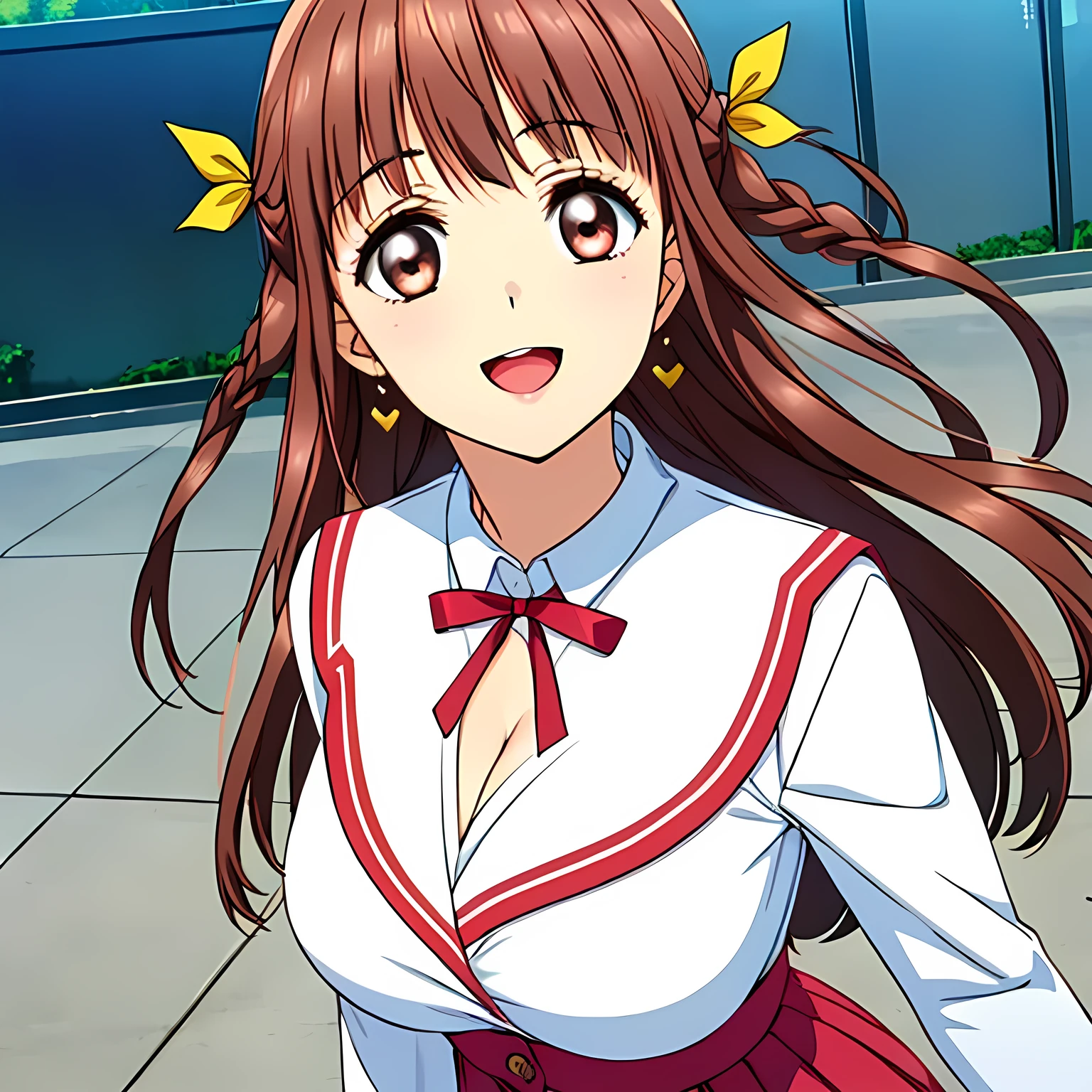 highest quality, (masterpiece:1.2), Very detailed, (((Game CG))), ((((A succubus in the form of a very noble and elegant young lady wearing a pink school sailor uniform.)))), ((The girl everyone loves)), (((Very beautiful, flaxen, wavy, long hair))), ((((A neat and tidy sailor suit in peach and pink)))), ((Pink blouse)), ((((A neat, deep pink long pleated skirt)))), ((Her eyes are so beautiful and sparkling, they seem so dazzling.)), ((A huge red ribbon on her chest)), ((A refined and elegant look like a noble princess)), (((Beautiful and great smile))), ((Give the viewer a heavenly feeling of happiness)), ((Very noble and elegant face)), ((Slender and shapely breasts)), ((laughing at me)), Heart-shaped gold hair ornament and earrings, ((The elegant, slightly open mouth and glossy lips of an anime heroine)), ((The background is another dimension))