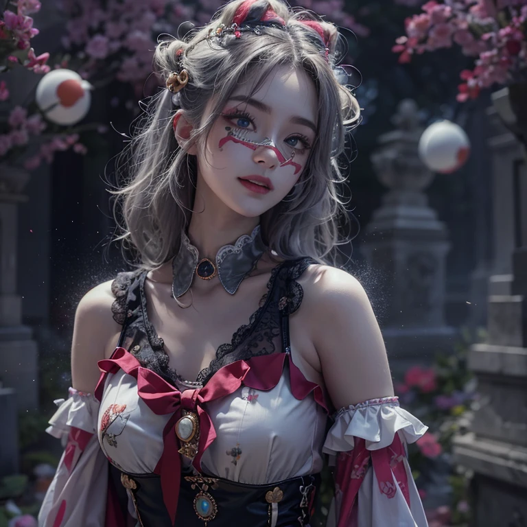Standing in the grave、Hair flow、 ((highest quality、masterpiece、8k、Best image quality、Ultra-high resolution、Award-winning works)、(Accurate anatomy:1.1)、(Look at me and smile:1.1)、Shining fair skin with Ultra-high resolution、The most detailed face、Ultra-high resolution detailed face、Ultra-high resolutionの髪の毛、(Ultra-high resolution eye:1.1)、Beautiful face drawn in every detail、Cheerful clown costume, Chest to chest,  Strange atmosphere, Ghosts flow, Dark Light, At the Cemetery, Heavy makeup 
