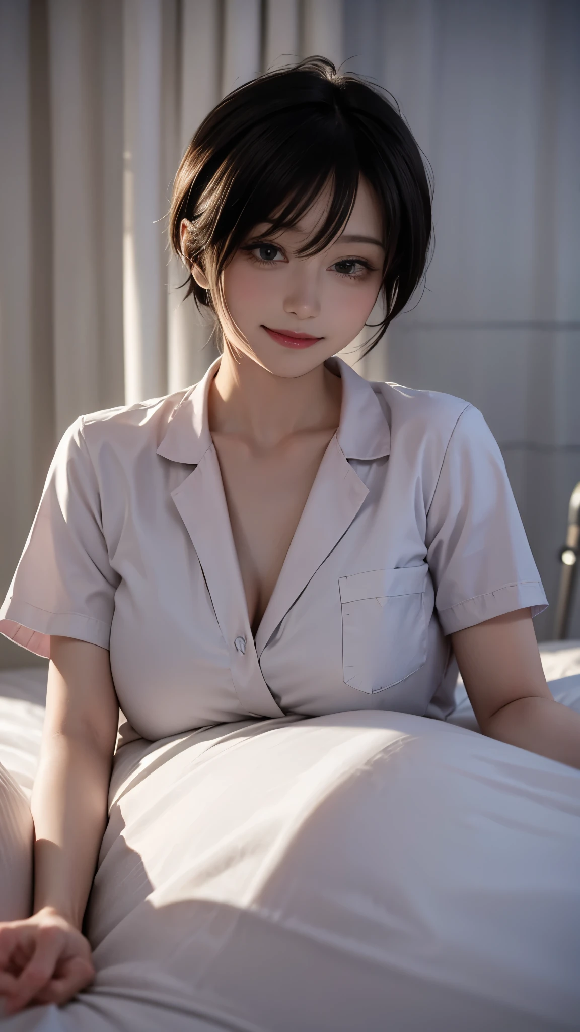 Late night hospital room with curtains closed、Lights out time、Sexy Nurse、Grinning、huge tight mature woman、 sneak into bed、POV