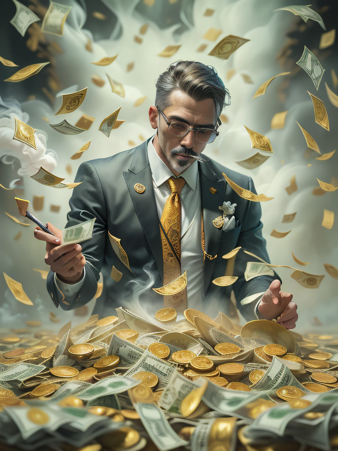 Uma pintura detalhada de uma pessoa de terno, Surrounded by a flood of dollar bills and gold bars, moedas de ouro, white smoke flying in front (((muito fumo)))