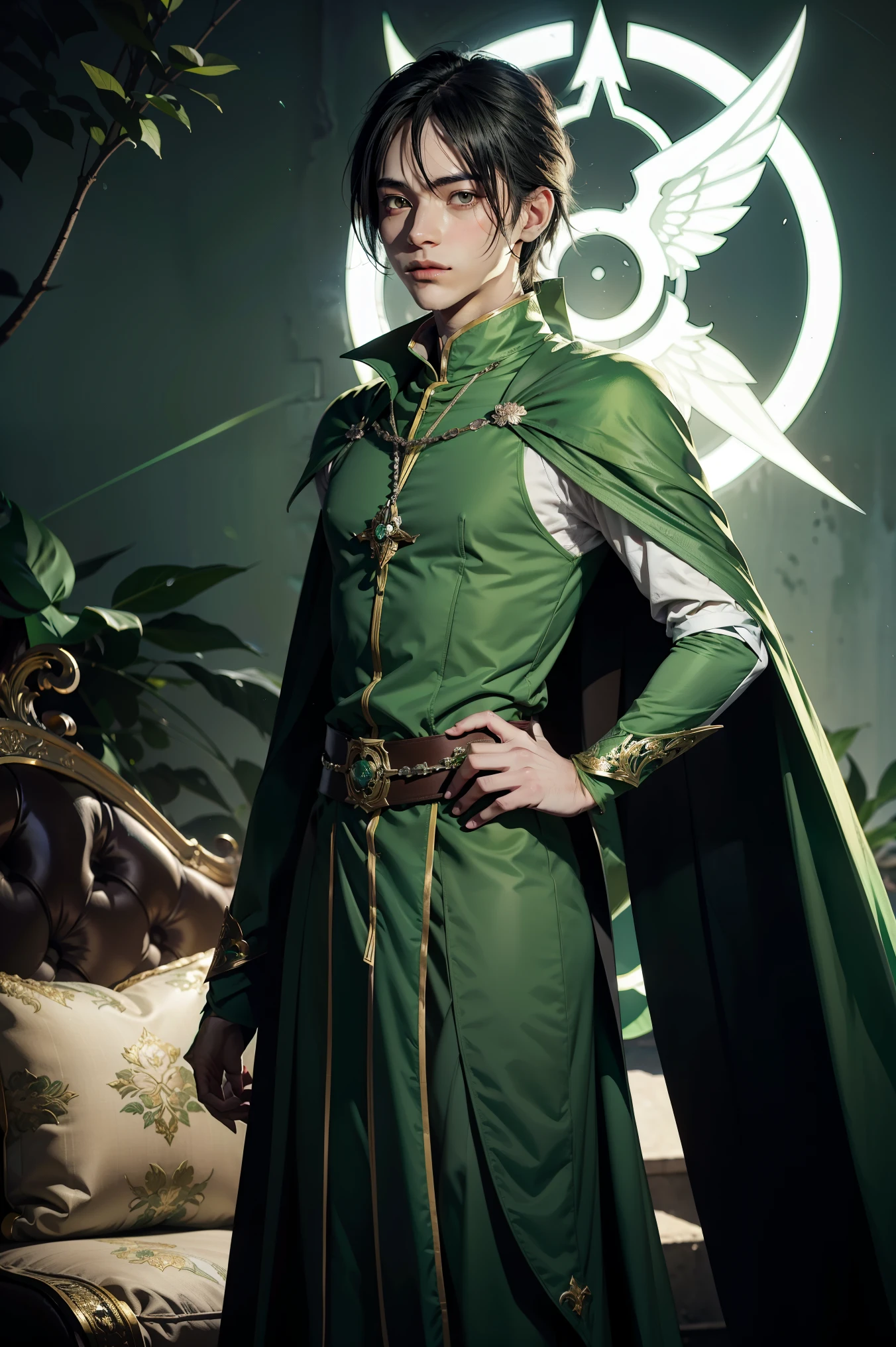 anime - style image of a man dressed in a green cape and a green cape, casimir art, beautiful androgynous prince, handsome guy in demon slayer art, picture of a male cleric, official character illustration, delicate androgynous prince, inspired in kris from deltarrune, official art, official character art, dressed like a cleric