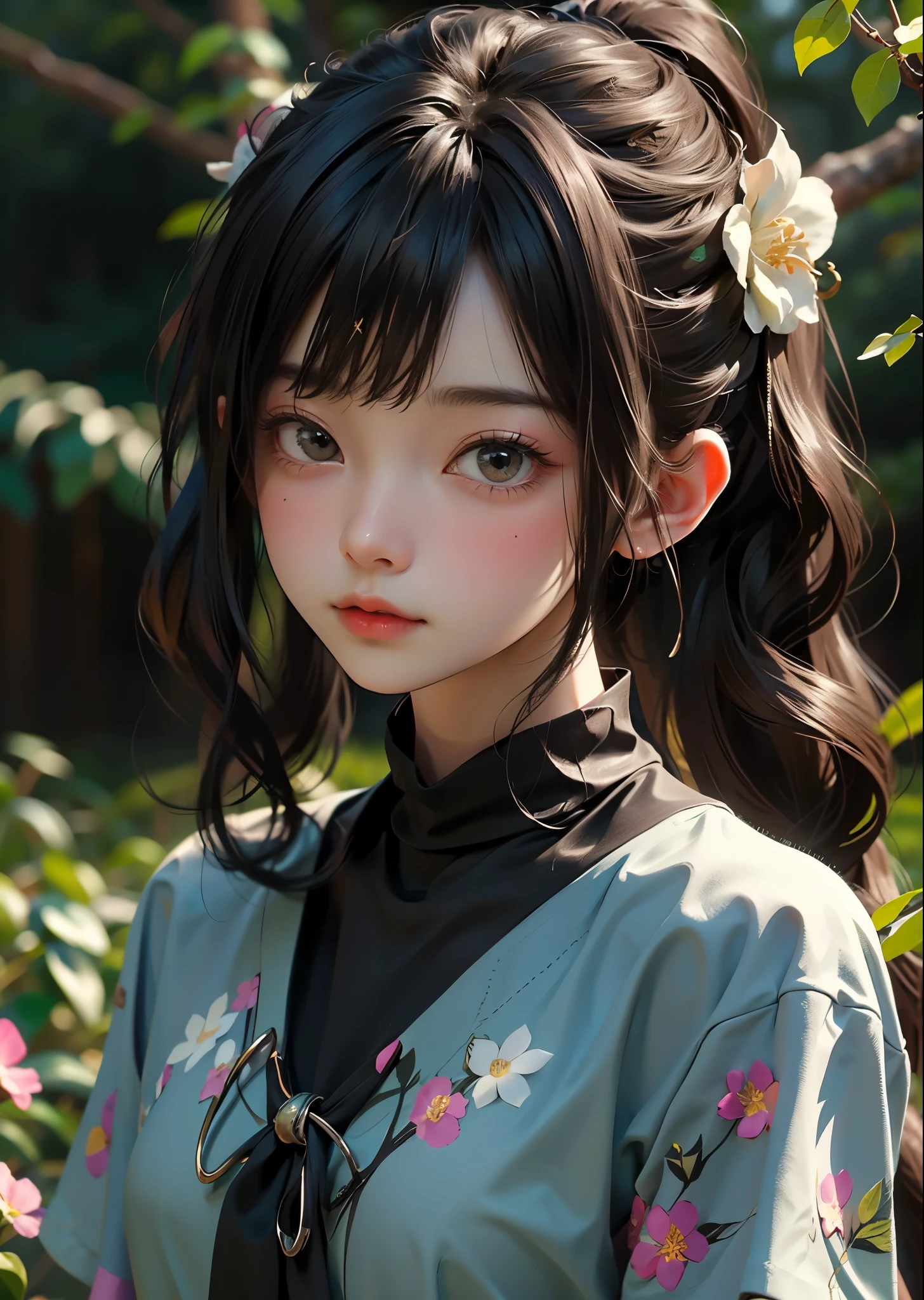 (masterpiece, highest quality, highest quality, Official Art, beautifully、aesthetic:1.2)、Cute Women Photos、1 Female、Young face、Big Eyes、Front facing body and face、ColorfulTshirt、Portrait Photography、Slim body、Long hair with bangs、The background is filled with green kudzu leaves and beautiful flowers.、、Sharp images、High color reproducibility、Attention to detail、live-action、Alluring、Pop and catchy、Colorful and fun atmosphere