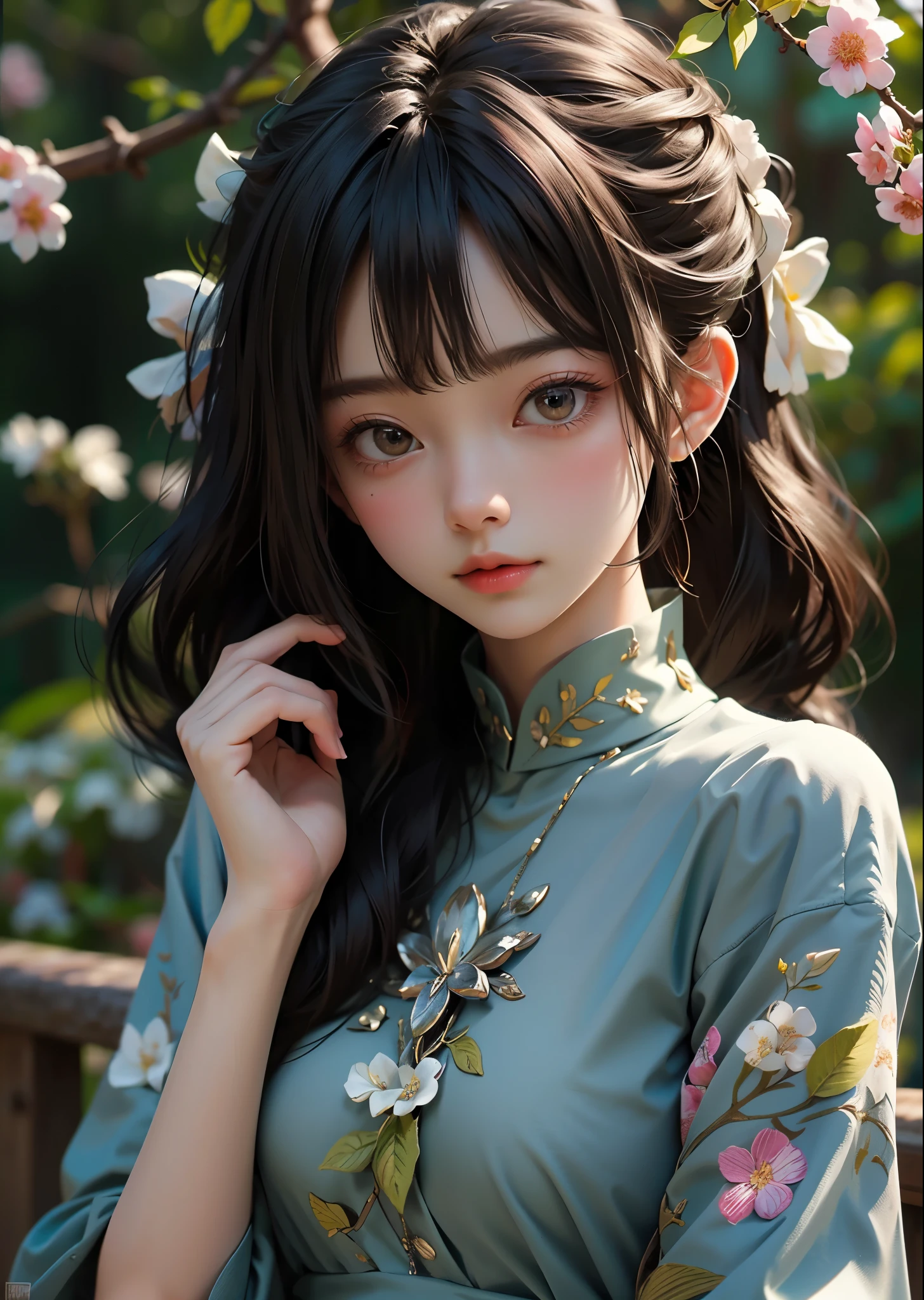 (masterpiece, highest quality, highest quality, Official Art, beautifully、aesthetic:1.2)、Cute Women Photos、1 Female、Young face、Big Eyes、Front facing body and face、ColorfulTshirt、Portrait Photography、Slim body、Long hair with bangs、The background is filled with green kudzu leaves and beautiful flowers.、、Sharp images、High color reproducibility、Attention to detail、live-action、Alluring、Pop and catchy、Colorful and fun atmosphere