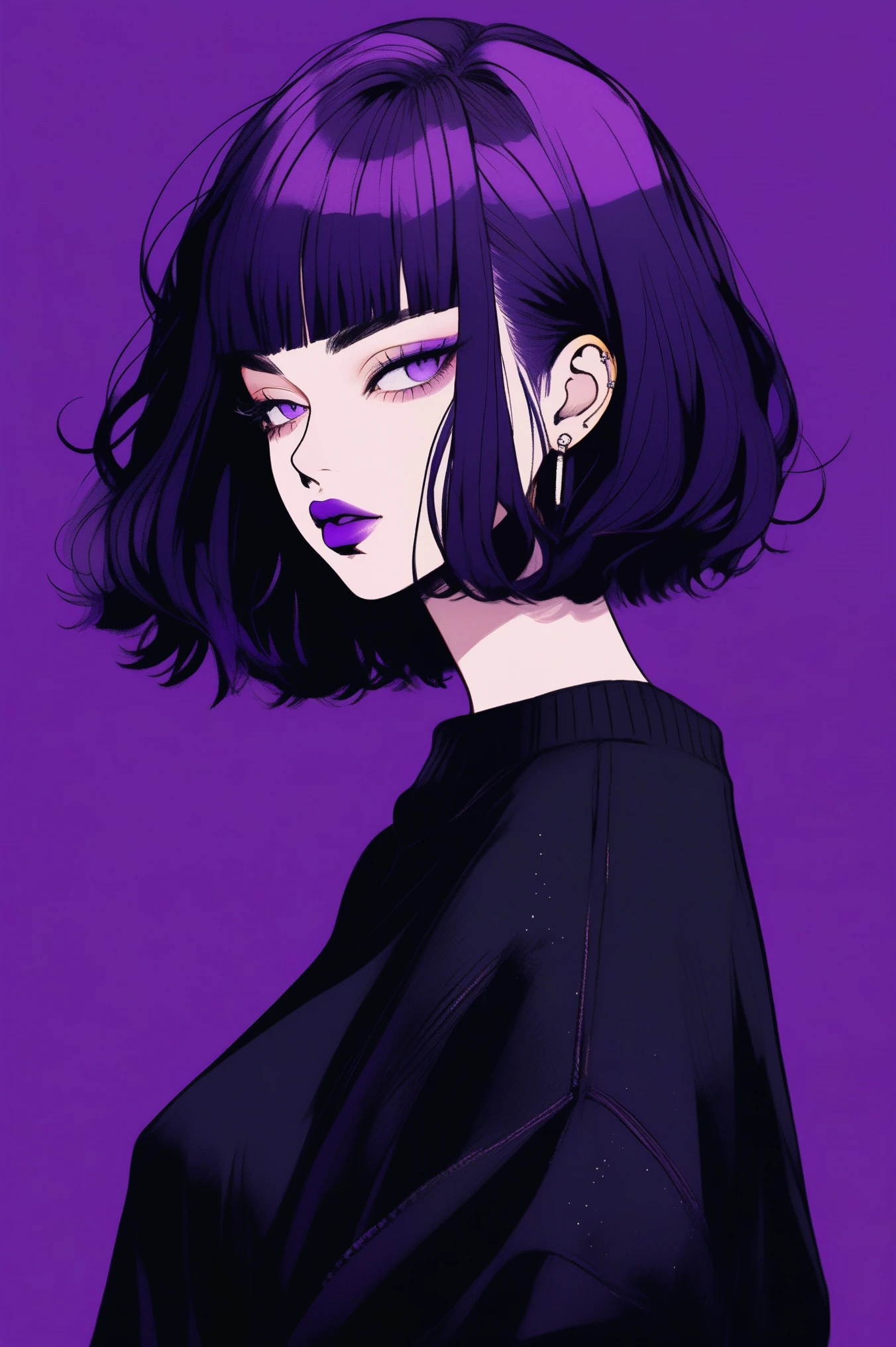 (highest quality, sketch:1.2),Realistic,Illustrator,anime,1 girl, Detailed lips,sweater,custom, ( Dark background),Neon Hair,Texture Cropping,Canadian, masterpiece, Style: Retro Classic, Dark Black, art, sketch book, (Purple Bob Hair:1.35, black:1.55), bad woman 