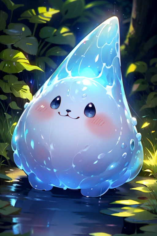 masterpiece, best quality, SFW, (safe for work), solo, wide angle shot, cute slime creature, red slime creature,digimon style,slime \(creature\), glitch forest background