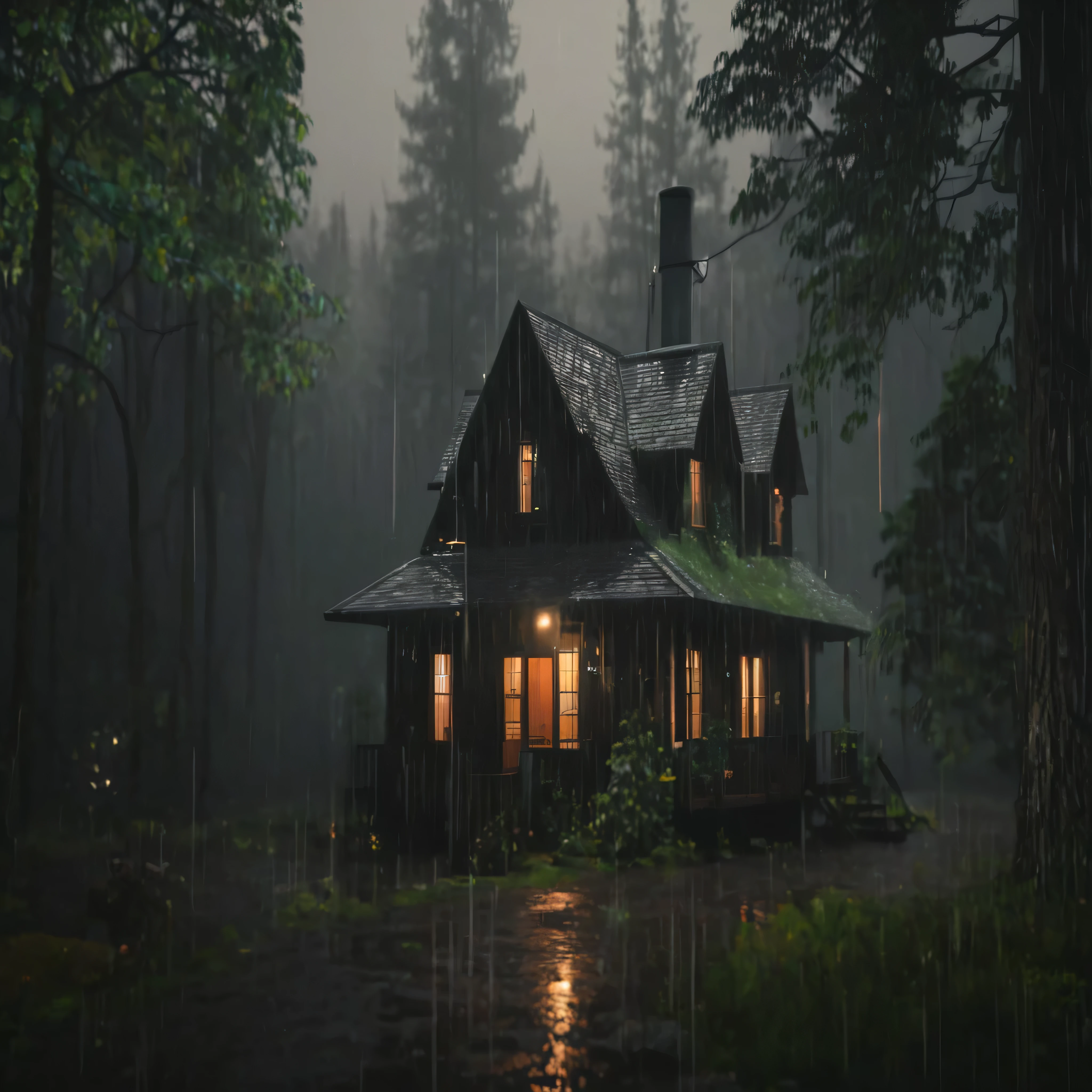 arafed house in the middle with lights on, house in the forest, cottagecore, gloomy weather. hyperrealistic, cabin in the forest, cabin in the forest, at night when it's raining, remote cabin in the forest, cabin in the forest, after the rain and gloomy atmosphere, night, ultra realistic images, dark scenery, cottage essence!!