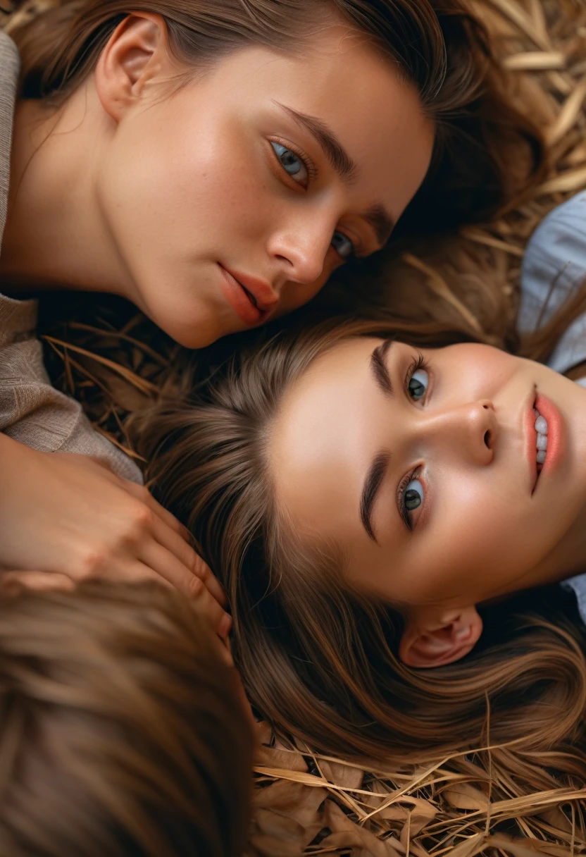a beautiful young girl and handsome young boy, close up of their faces, laying on the ground, (best quality,4k,8k,highres,masterpiece:1.2),ultra-detailed,(realistic,photorealistic,photo-realistic:1.37),high quality portrait, dramatic lighting, warm color tones, shallow depth of field, romantic, intimate, dreamlike, conceptual