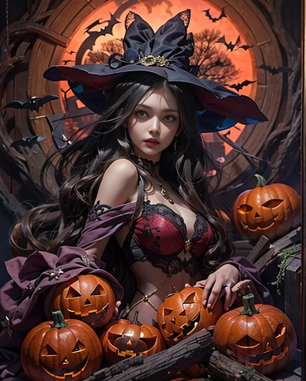 highest quality, masterpiece, Attention to detail, Intricate details, Realistic, Mysterious Halloween woman with bright expression, Spooky atmosphere