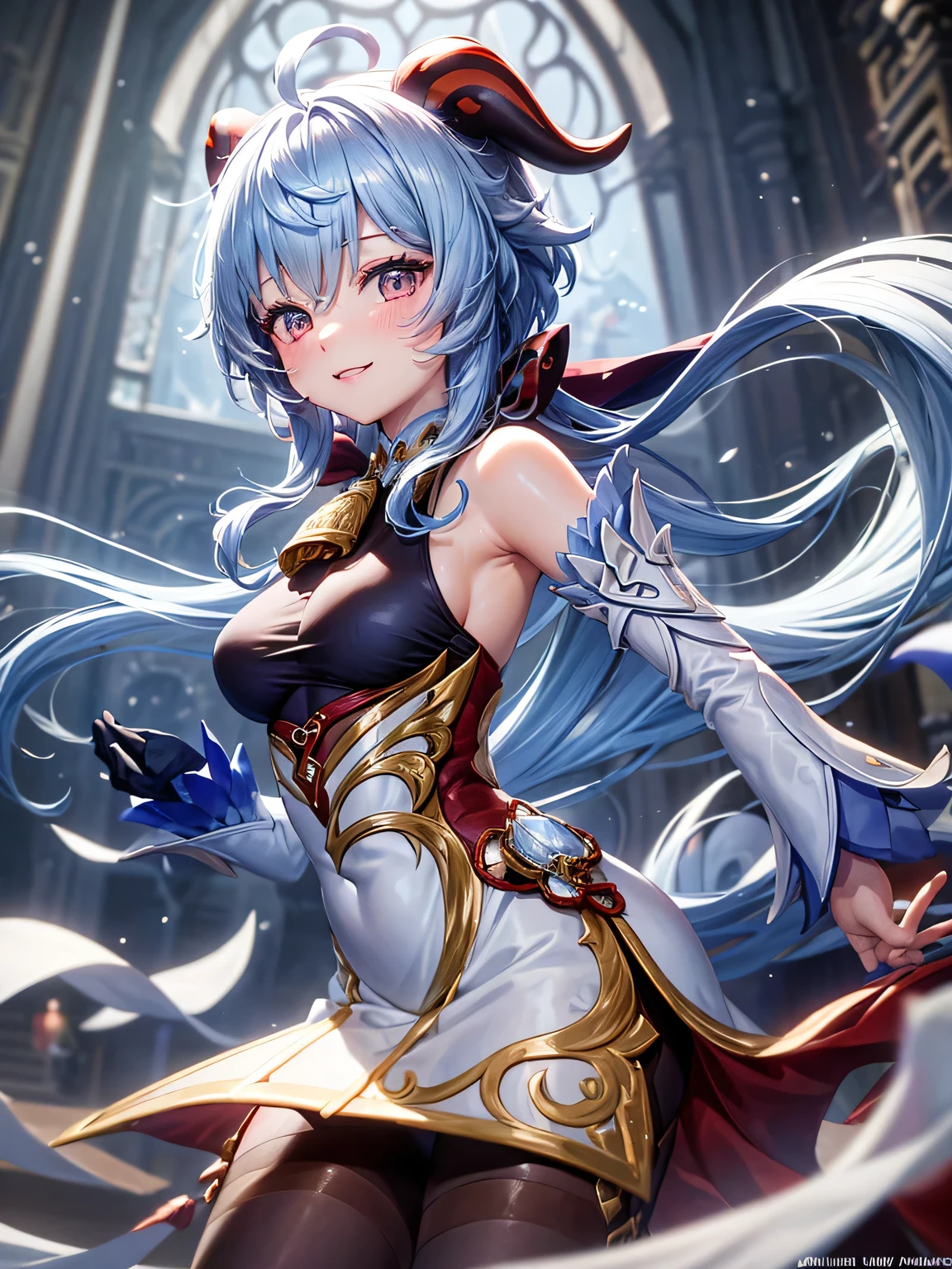 [ganyudef]:1.5,((masterpiece,highest quality,Highly detailed portraits,Beautiful images、Background Blur))1.4(1girl,solo)(Artwork by ganyu、smile、church、palace、The morning sun shines in、Crystal of snow、Snowstorm、Bright lighting overall、Backlight、A fantastic atmosphere、Thick Fog)1.1(Beautiful body lines、small beauty breasts、Beautiful side breasts)Dynamic pose
