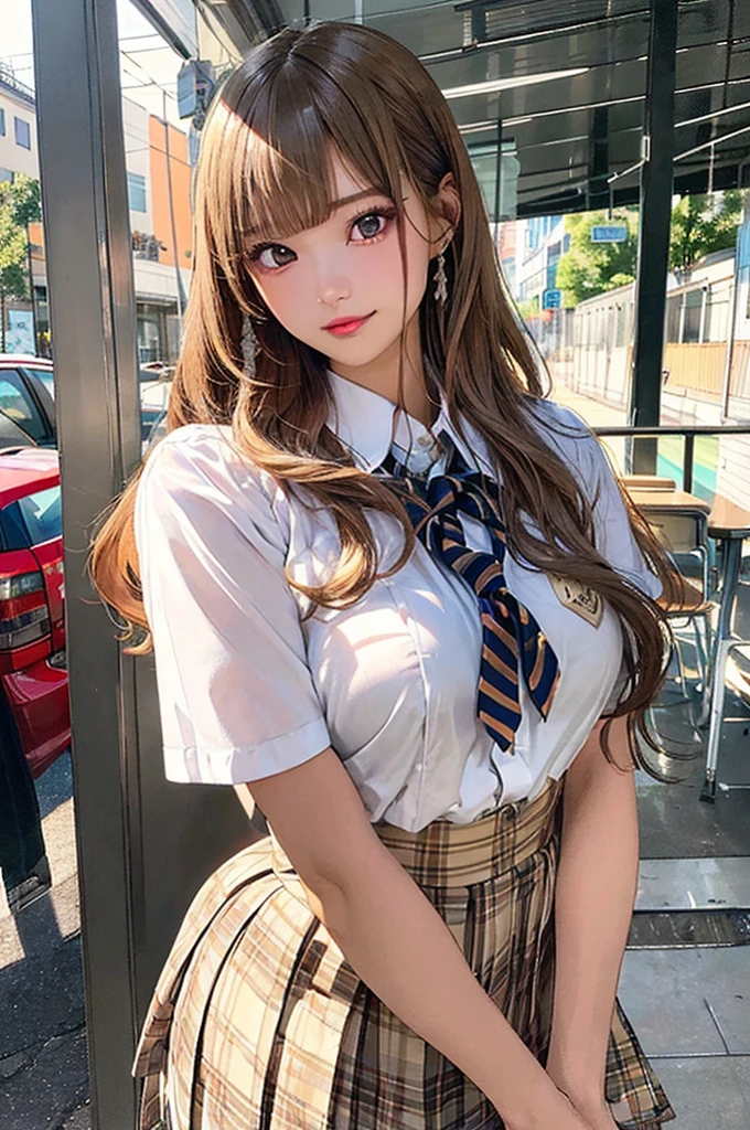 (((((20-years-old, bitch gyaru))))), masterpiece, (((school uniform))), (((hip focus))), ((((big breasts)))), (big hips), (sexy pose), (very tanned and shiny skin), (((skin dents))), photorealistic, realistic, alone, photorealistic, highest quality, ultra high resolution, Yura S, outdoor, colorful, parted lips, Daytime setting, beautiful, masterpiece, highest quality, highly detailed face, perfect lighting, ultra high resolution, super detailed