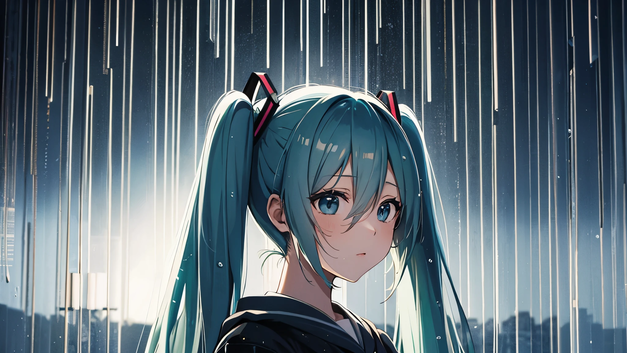 Anime characters、Hatsune Miku、Twin tails、Watching the rainy scenery