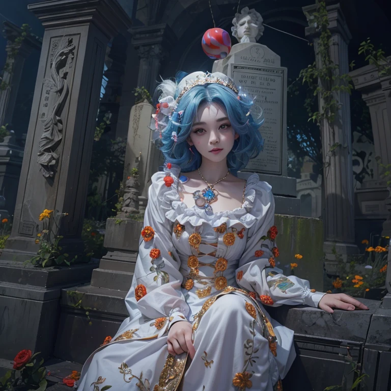 Standing in the grave、Hair flow、 ((highest quality、masterpiece、8k、Best image quality、Ultra-high resolution、Award-winning works)、(Accurate anatomy:1.1)、(Look at me and smile:1.1)、Shining fair skin with Ultra-high resolution、The most detailed face、Ultra-high resolution detailed face、Ultra-high resolutionの髪の毛、(Ultra-high resolution eye:1.1)、Beautiful face drawn in every detail、Cheerful clown costume, Chest to chest, Strange atmosphere, Ghosts flow, Dark Light, At the Cemetery, Heavy makeup